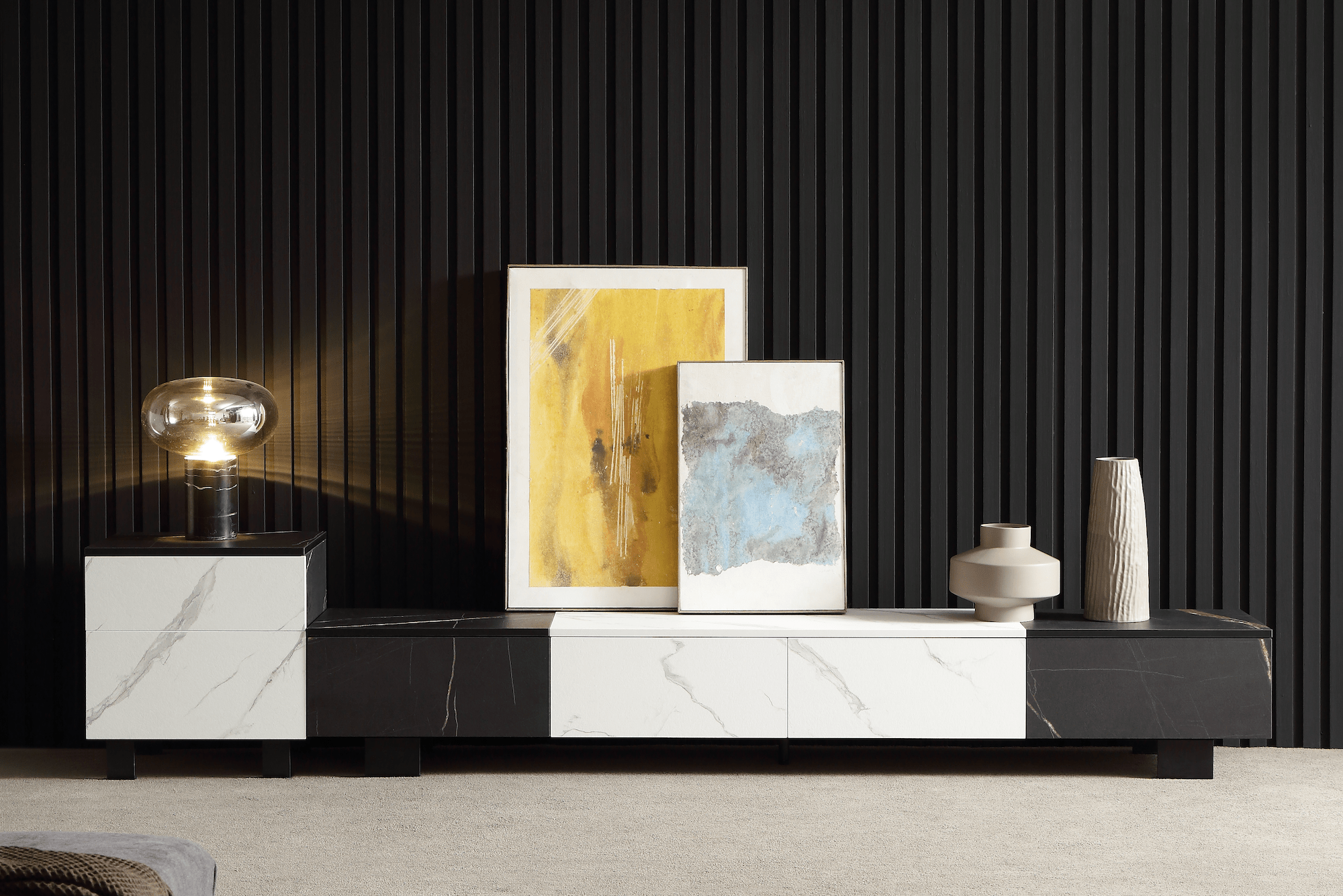 black and white veneer entertainment unit