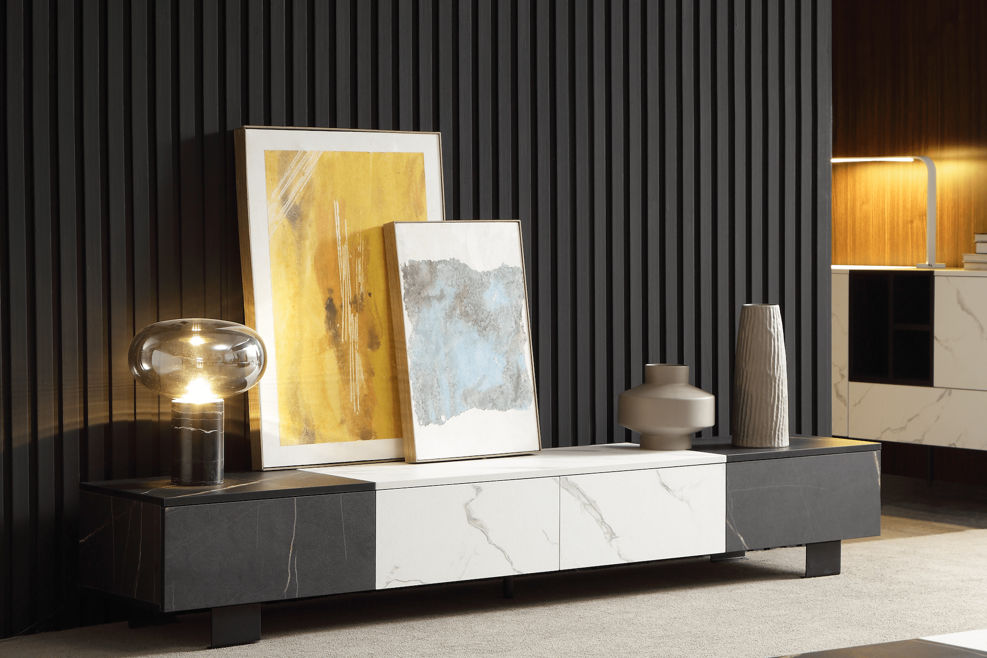 black and white veneer entertainment unit