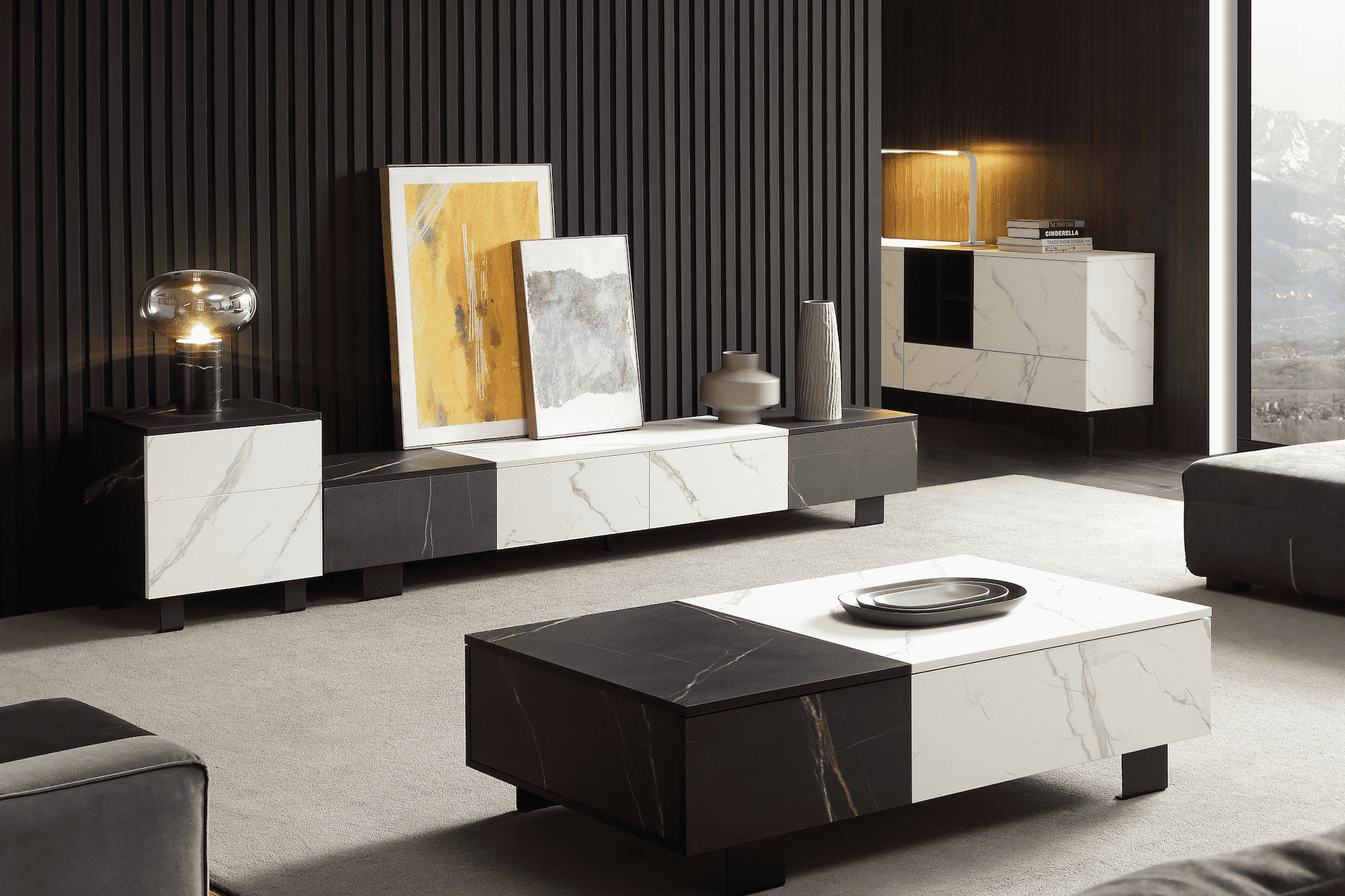 black and white veneer entertainment unit