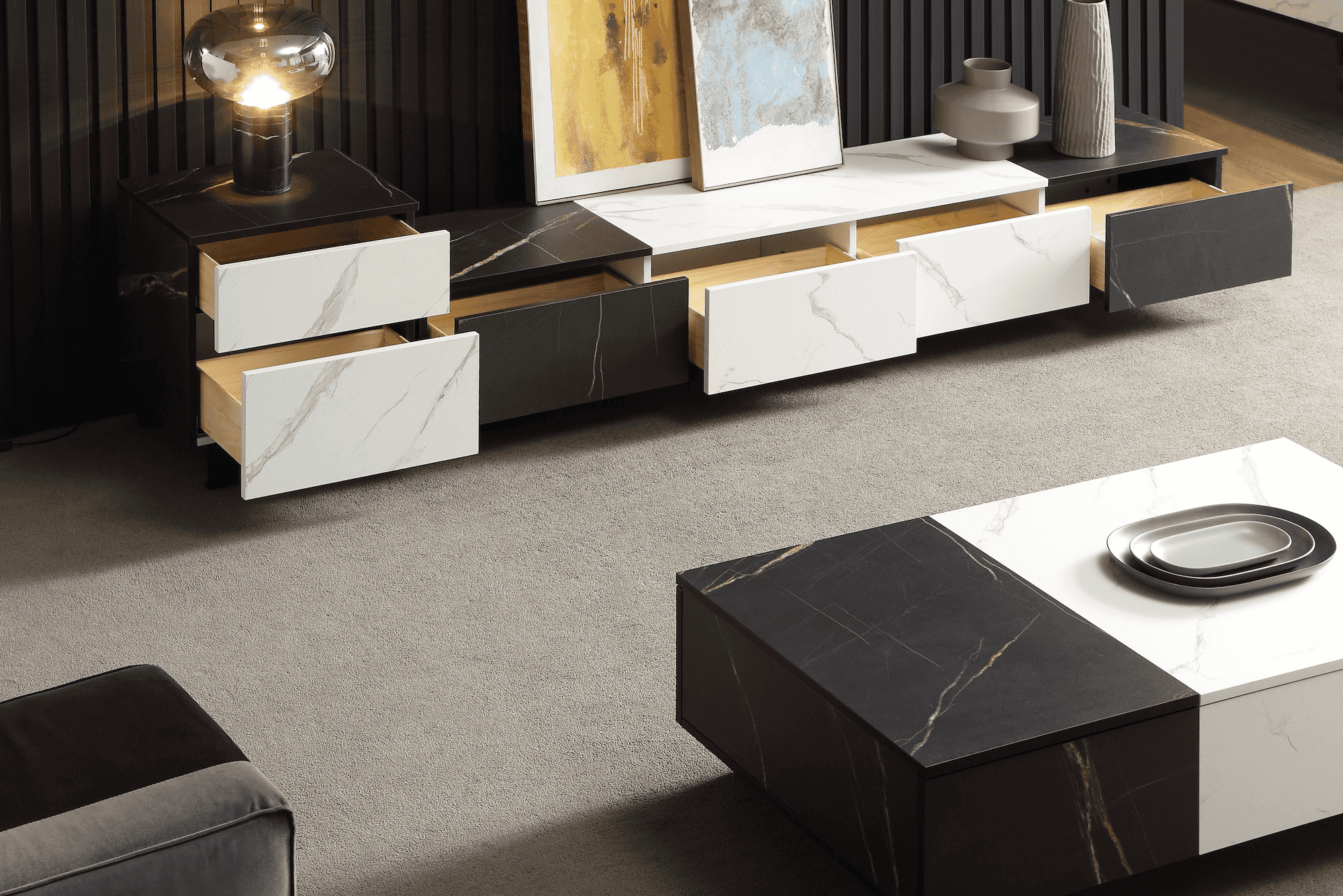 black and white veneer entertainment unit