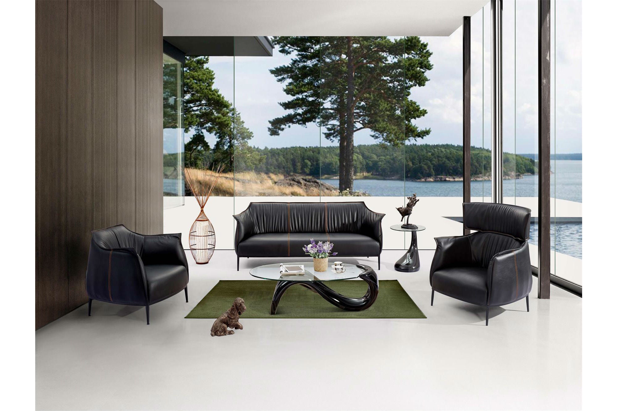 Black 3 seater sofa and black chairs