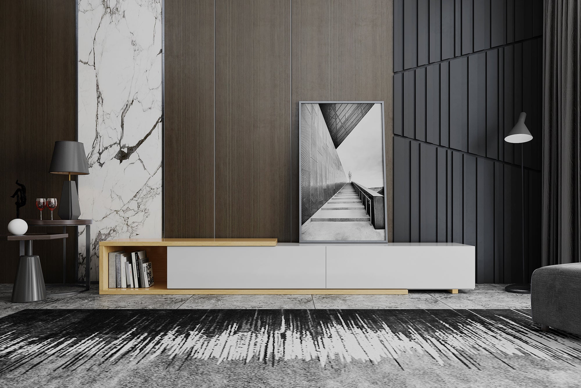 Rich light timber and white entertainment unit in black lounge