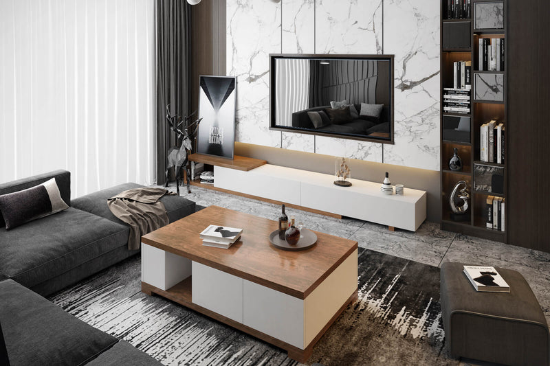 Extendable Black lounge Sleek wooden toned and white entertainment unit