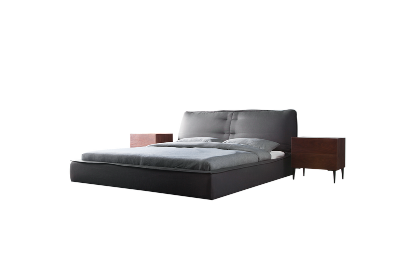 Black bed frame grey sheets bed side table