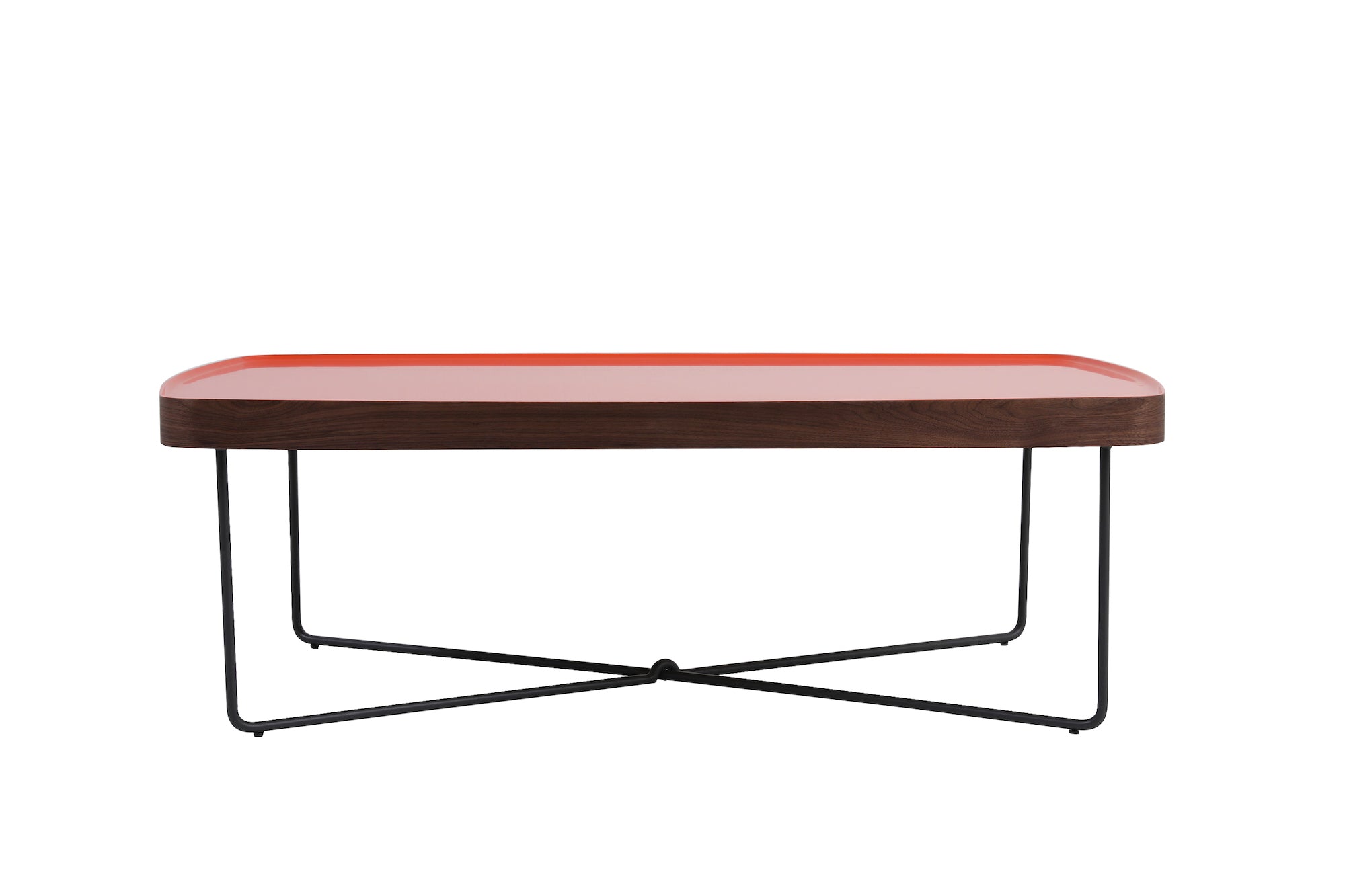 Red table with black metal legs