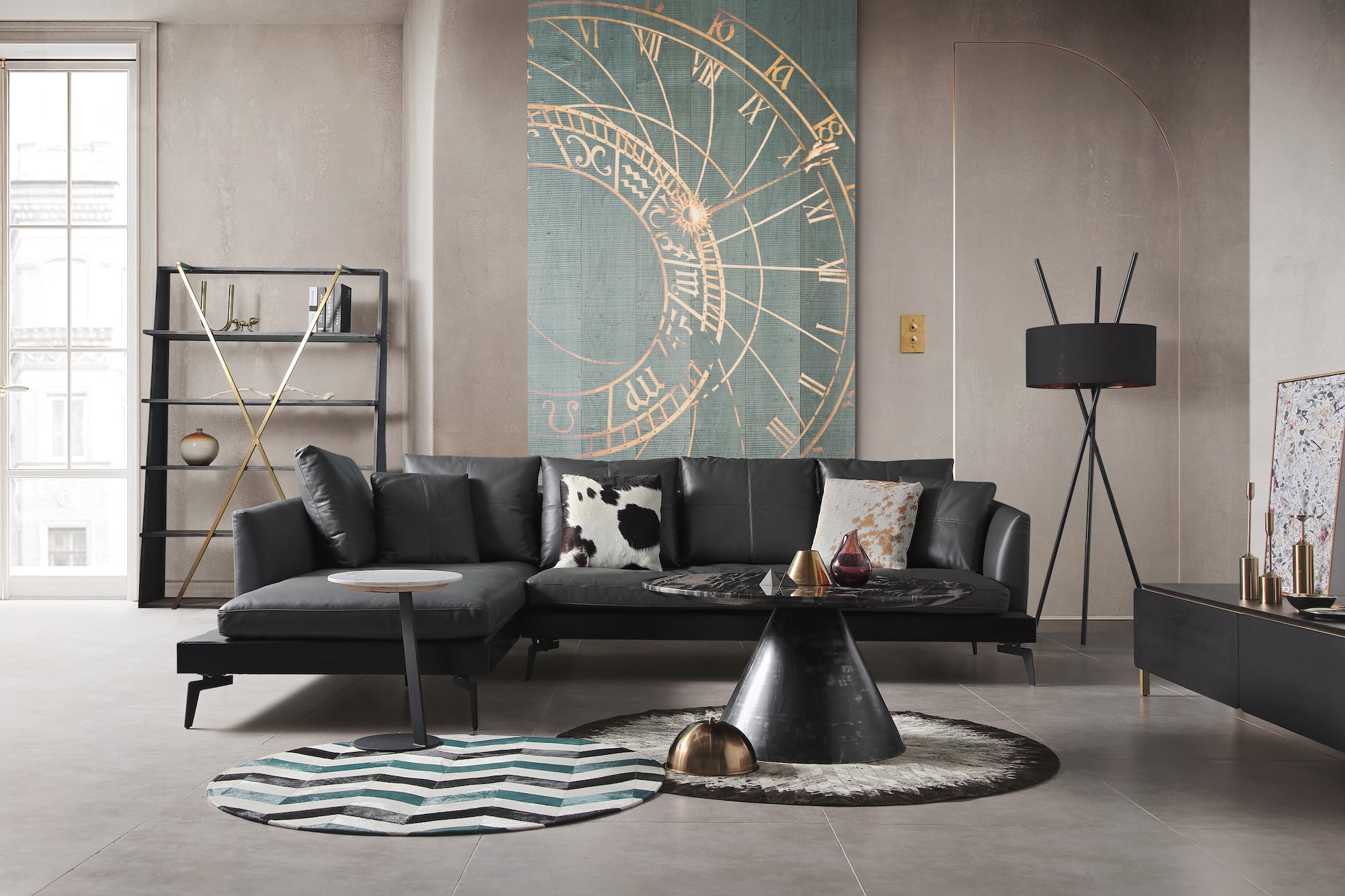 minimalist wood veneer shelves black sofa