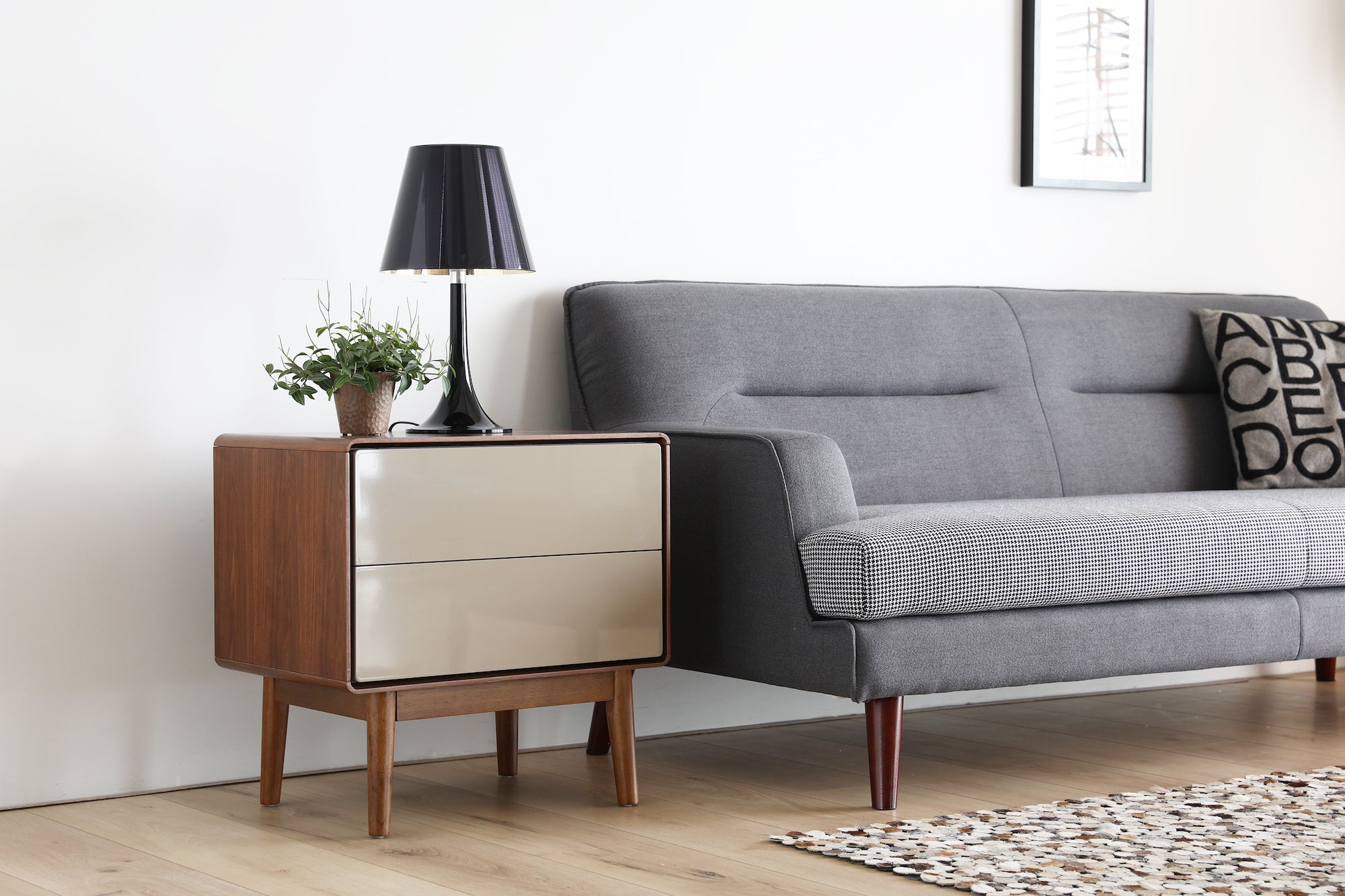 Bedside Table Walnut Khaki and blue sofa