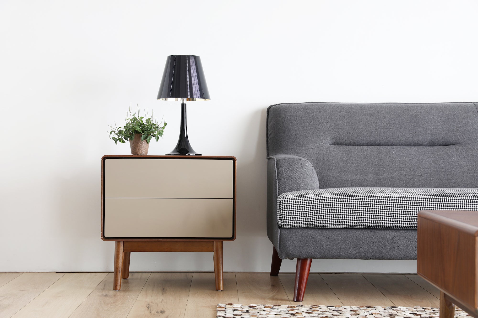 Bedside Table Walnut Khaki and blue sofa