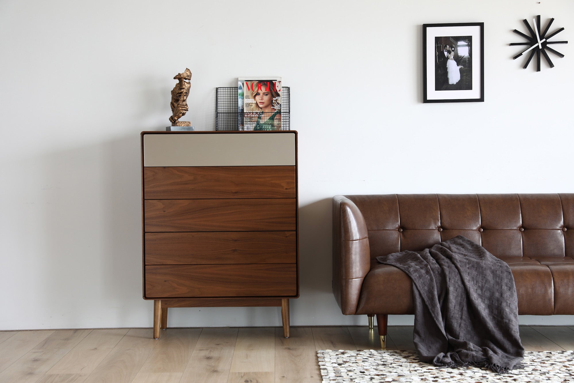 Walnut 5 Drawer Tallboy wooden floor