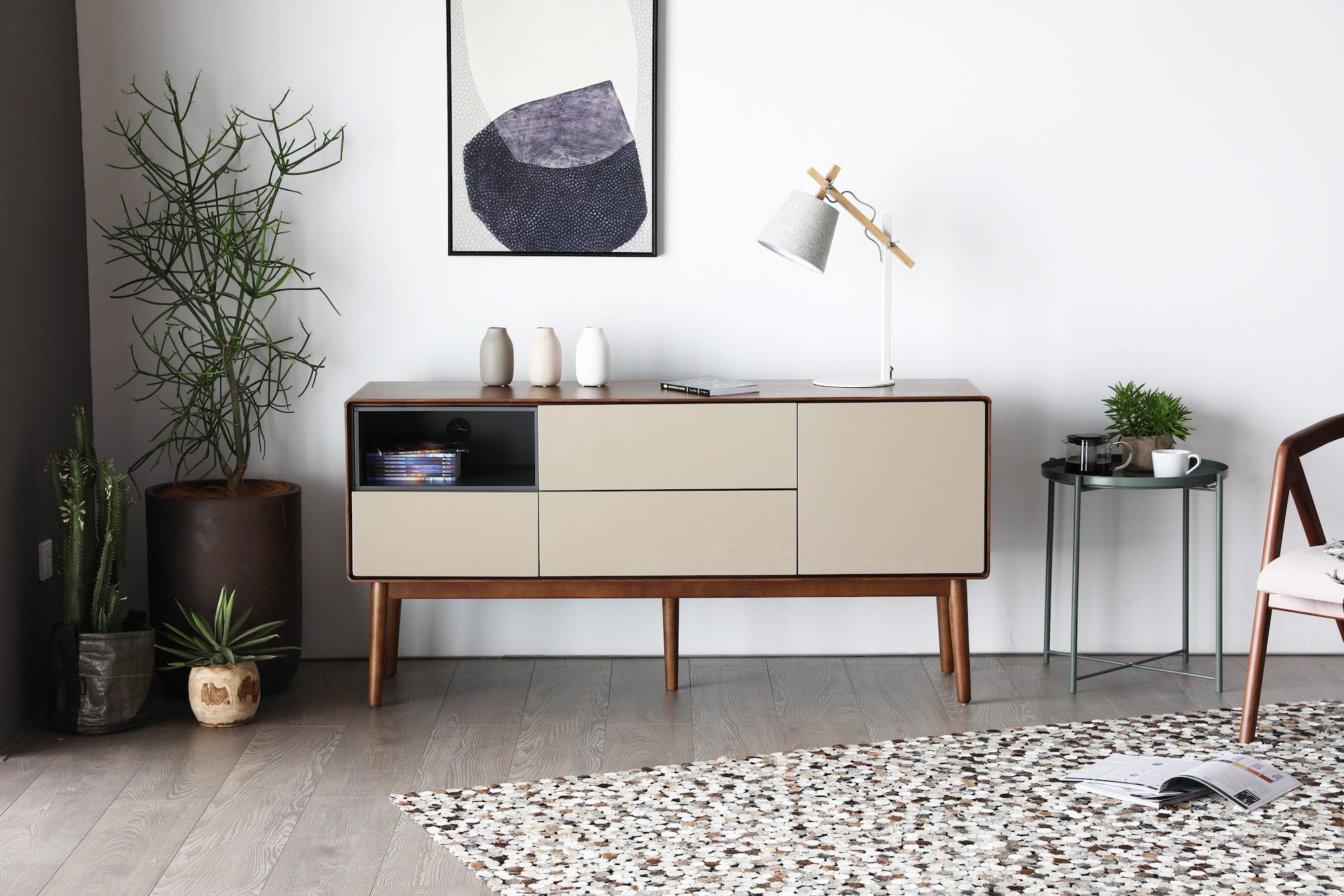Walnut Entertainment unit white wall