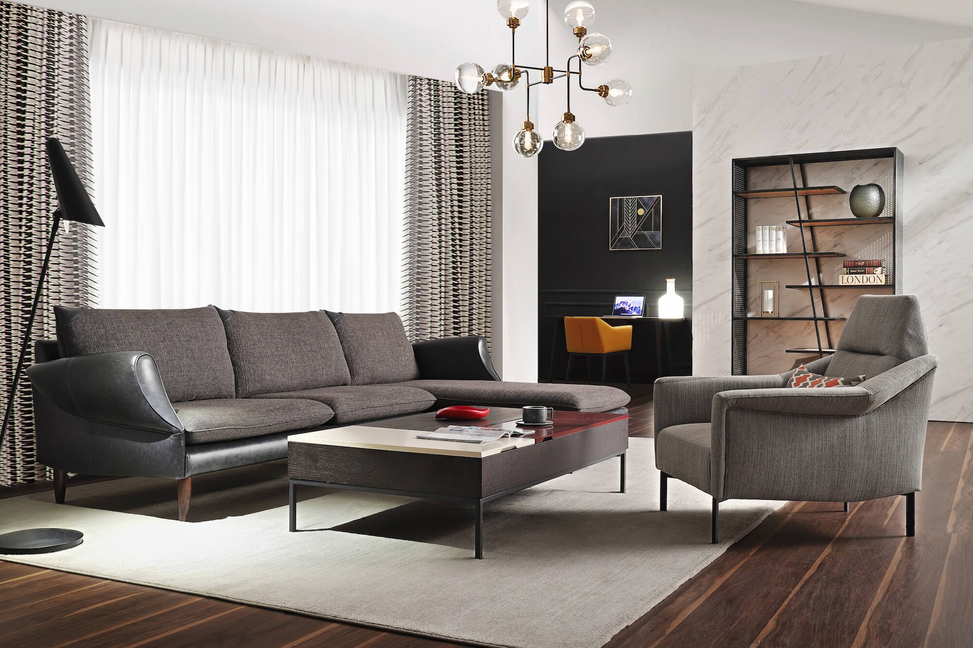 iron frame shelf and grey sofa