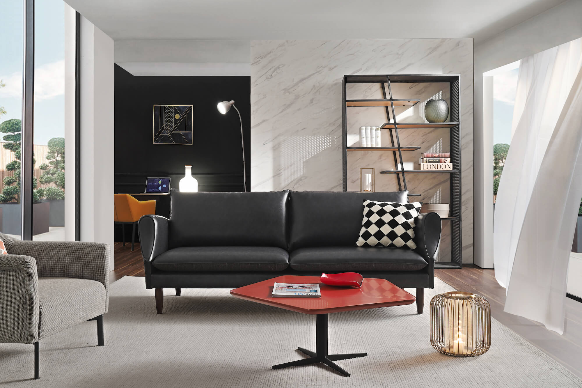 iron frame shelf and black sofa