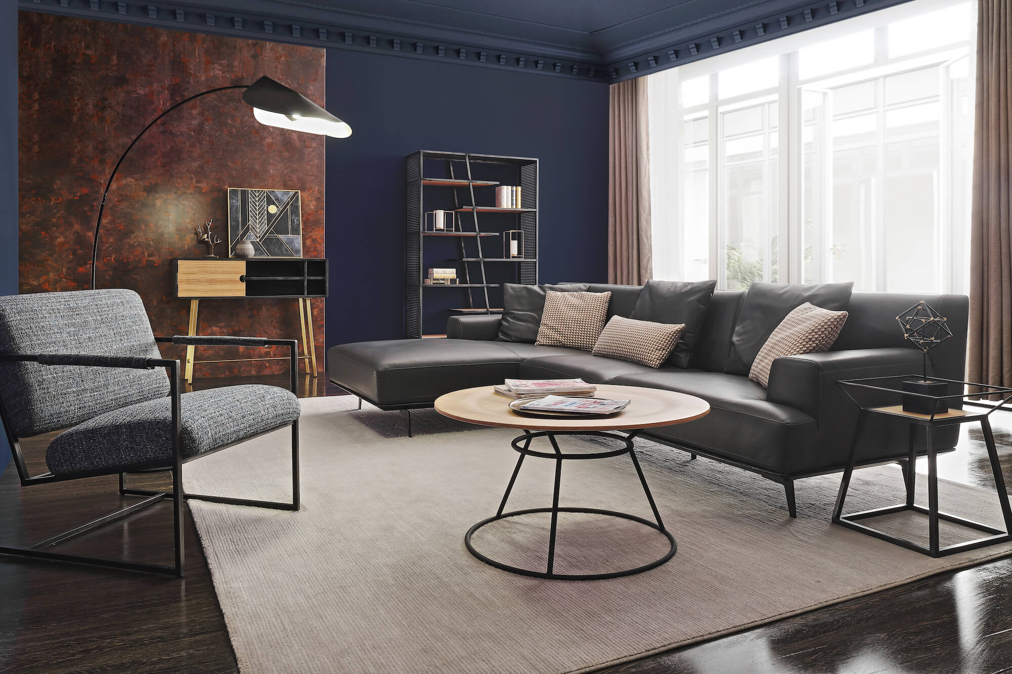 iron frame shelf and black sofa