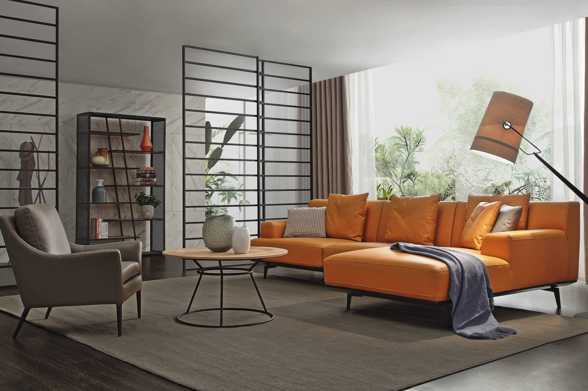 iron frame shelf and orange sofa