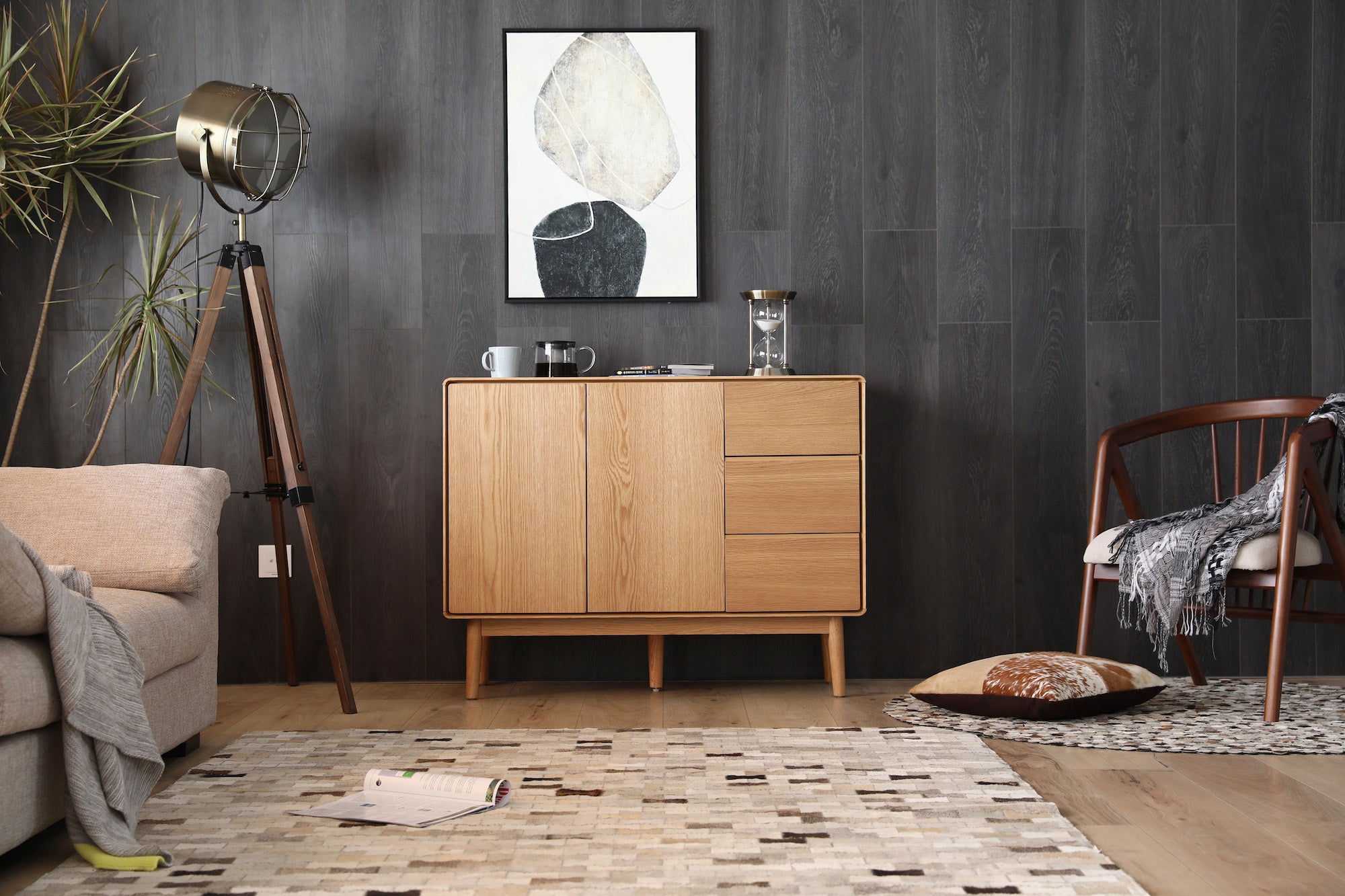 white oak veneer small buffet and chair