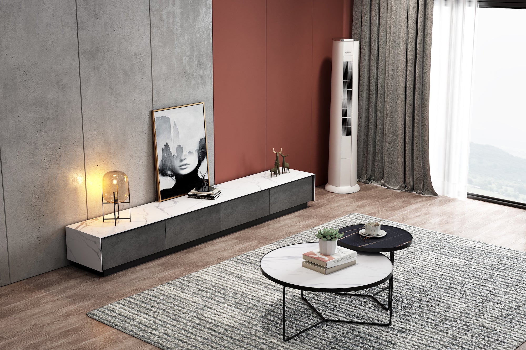 light grey and marble pattern entertainment table wooden floor