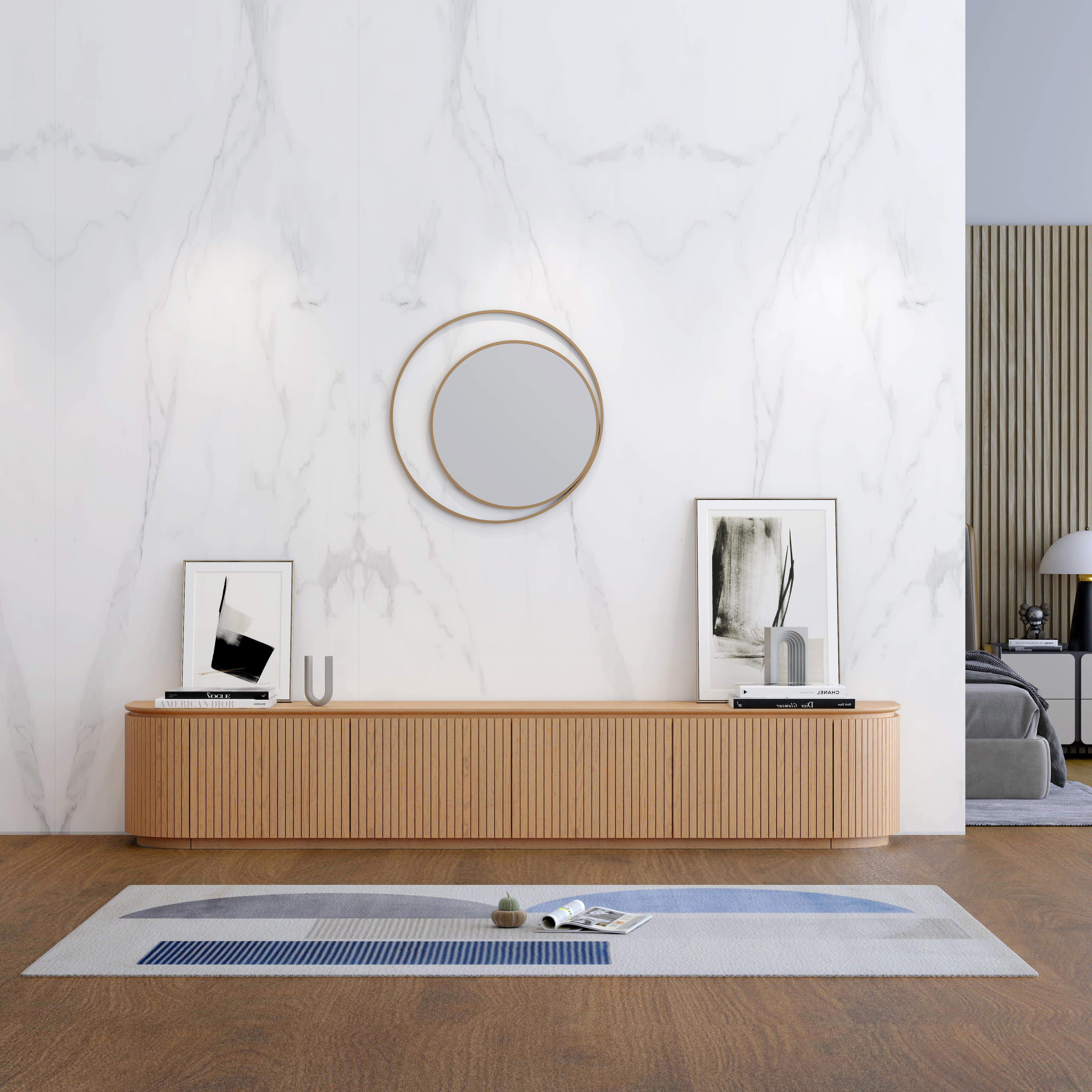 Charles TV Unit in natural oak finish with curved edges and slatted door 