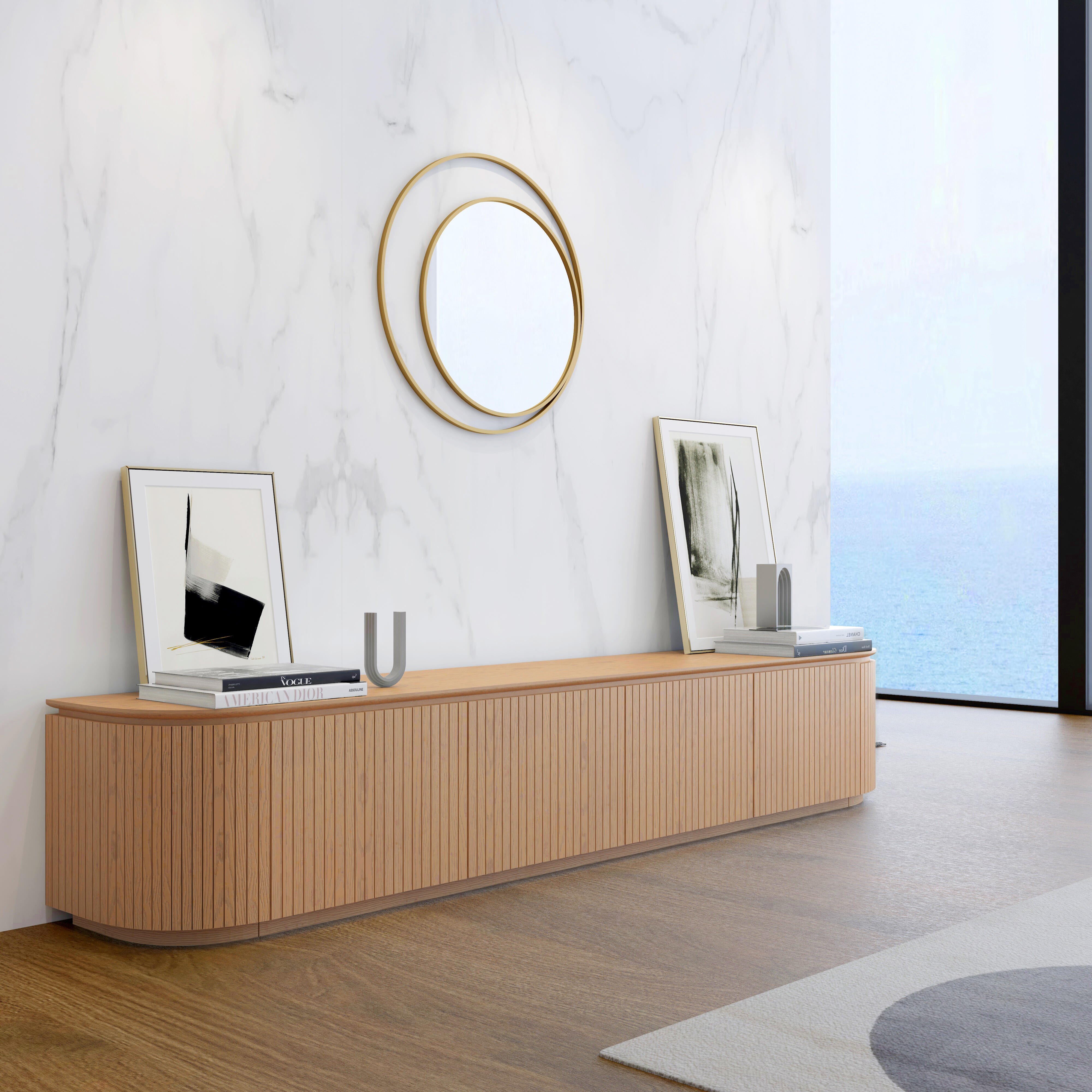 Charles TV Unit in natural oak finish with curved edges and slatted door 