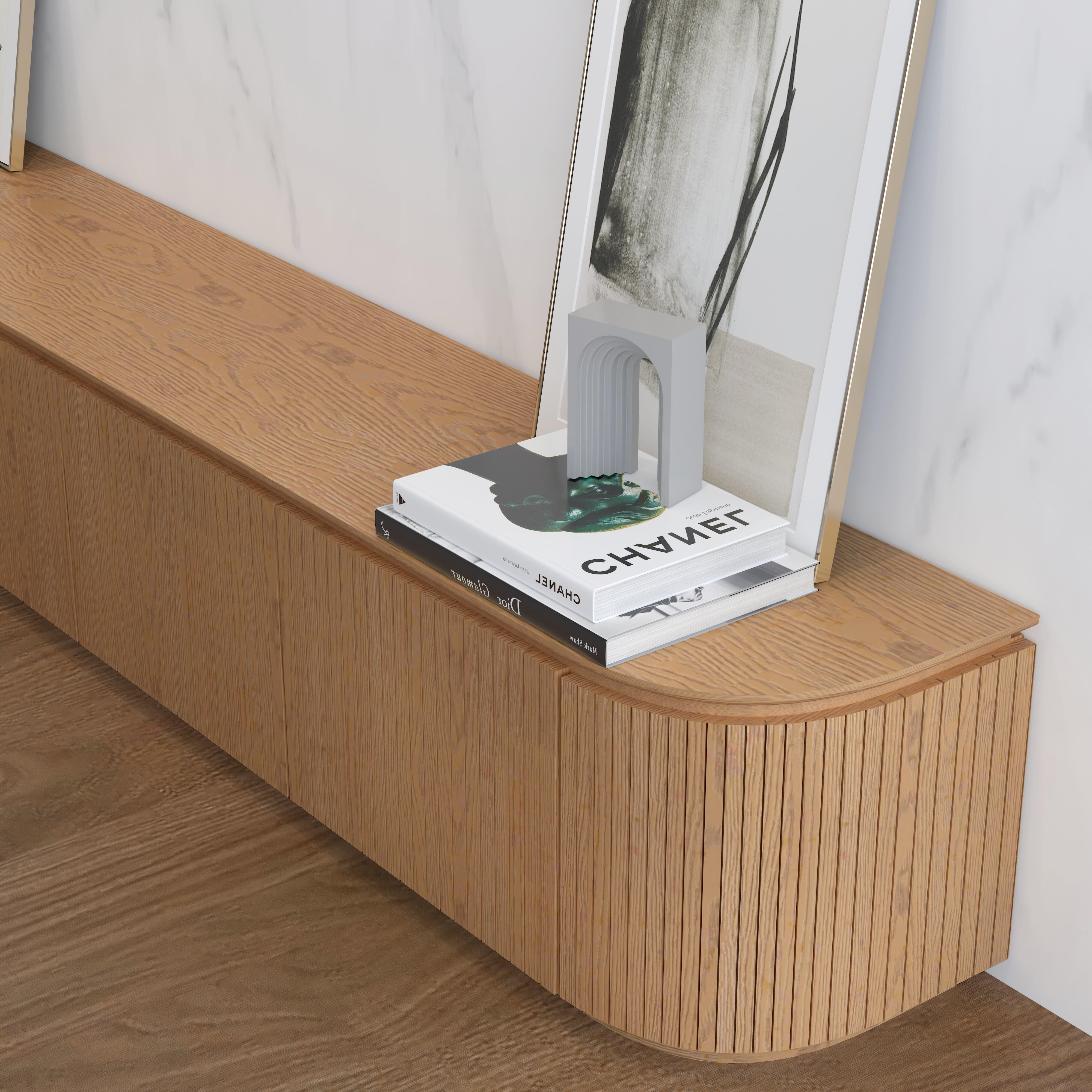 Charles TV Unit in natural oak finish with curved edges and slatted door 