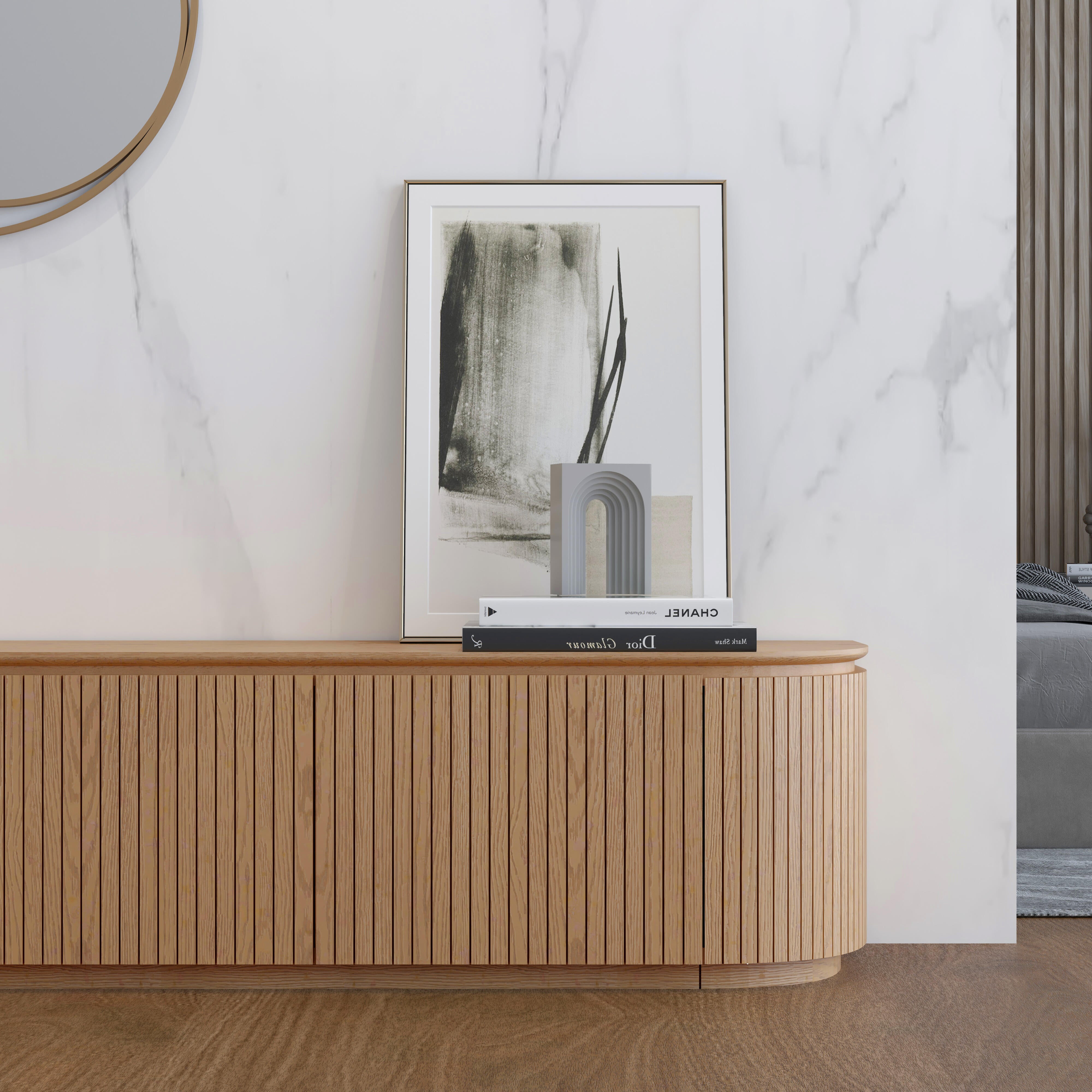 Charles TV Unit in natural oak finish with curved edges and slatted door 