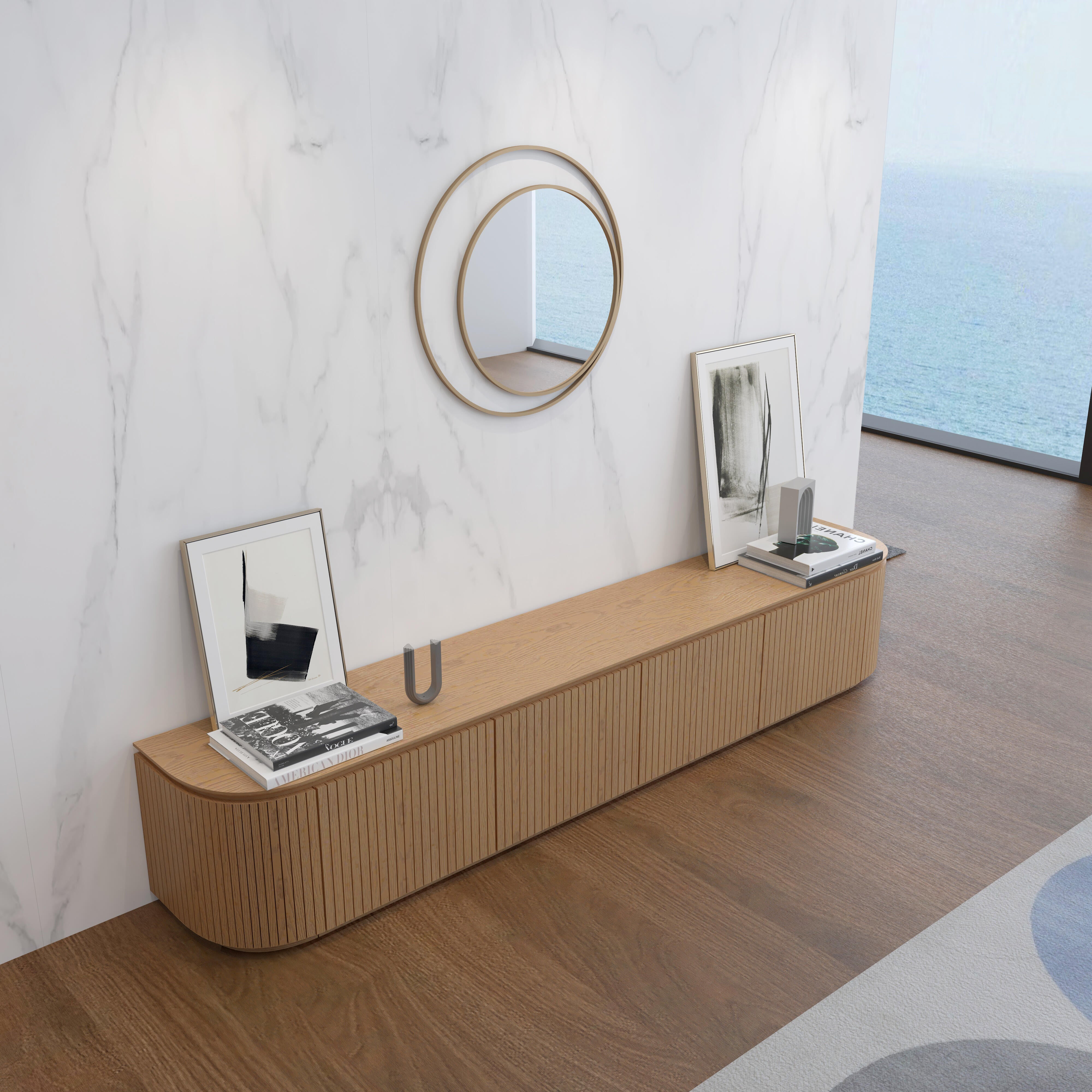 Charles TV Unit in natural oak finish with curved edges and slatted door 