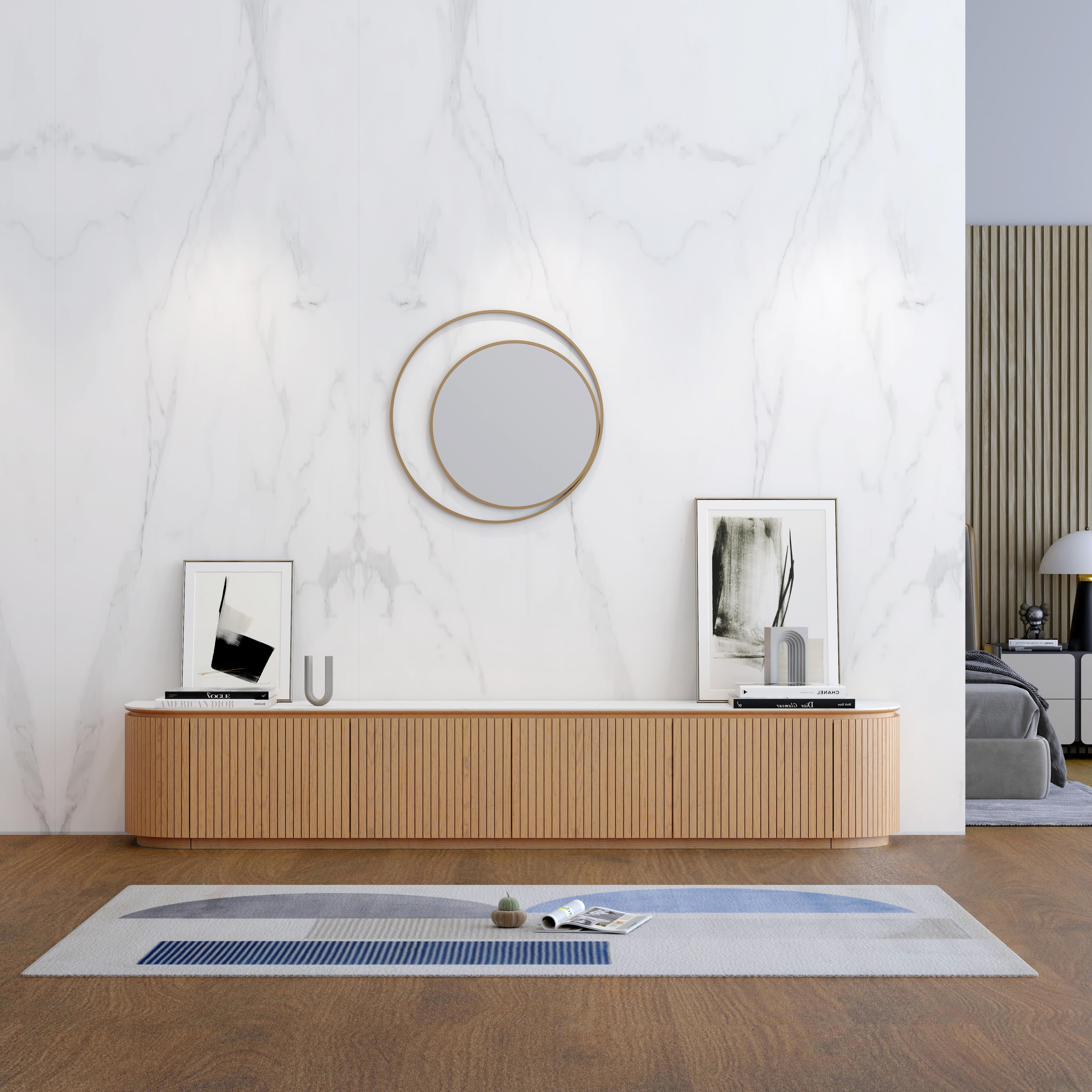 Charles TV Unit with natural oak slatted finish and white sintered stone top,