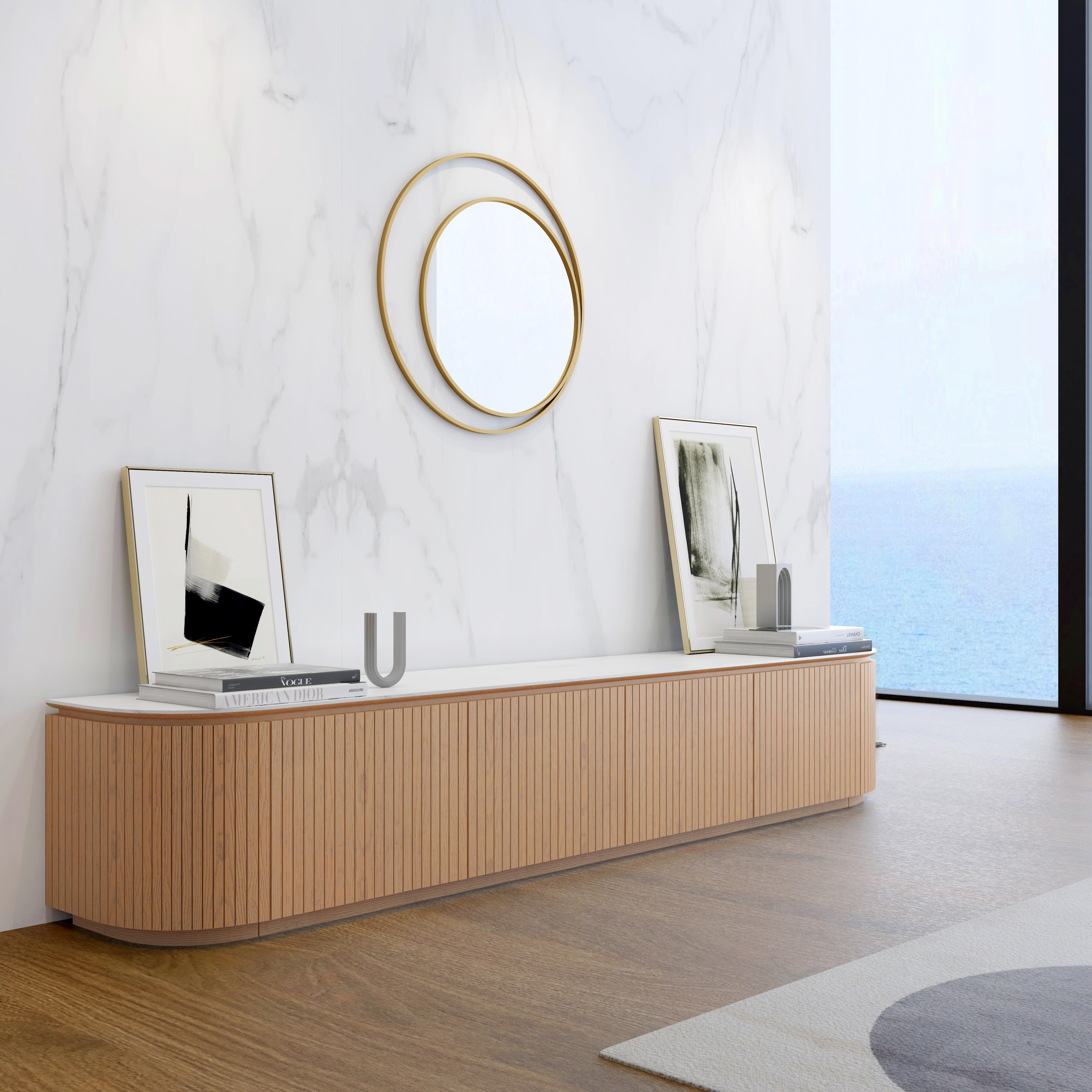 Charles TV Unit with natural oak slatted finish and white sintered stone top,