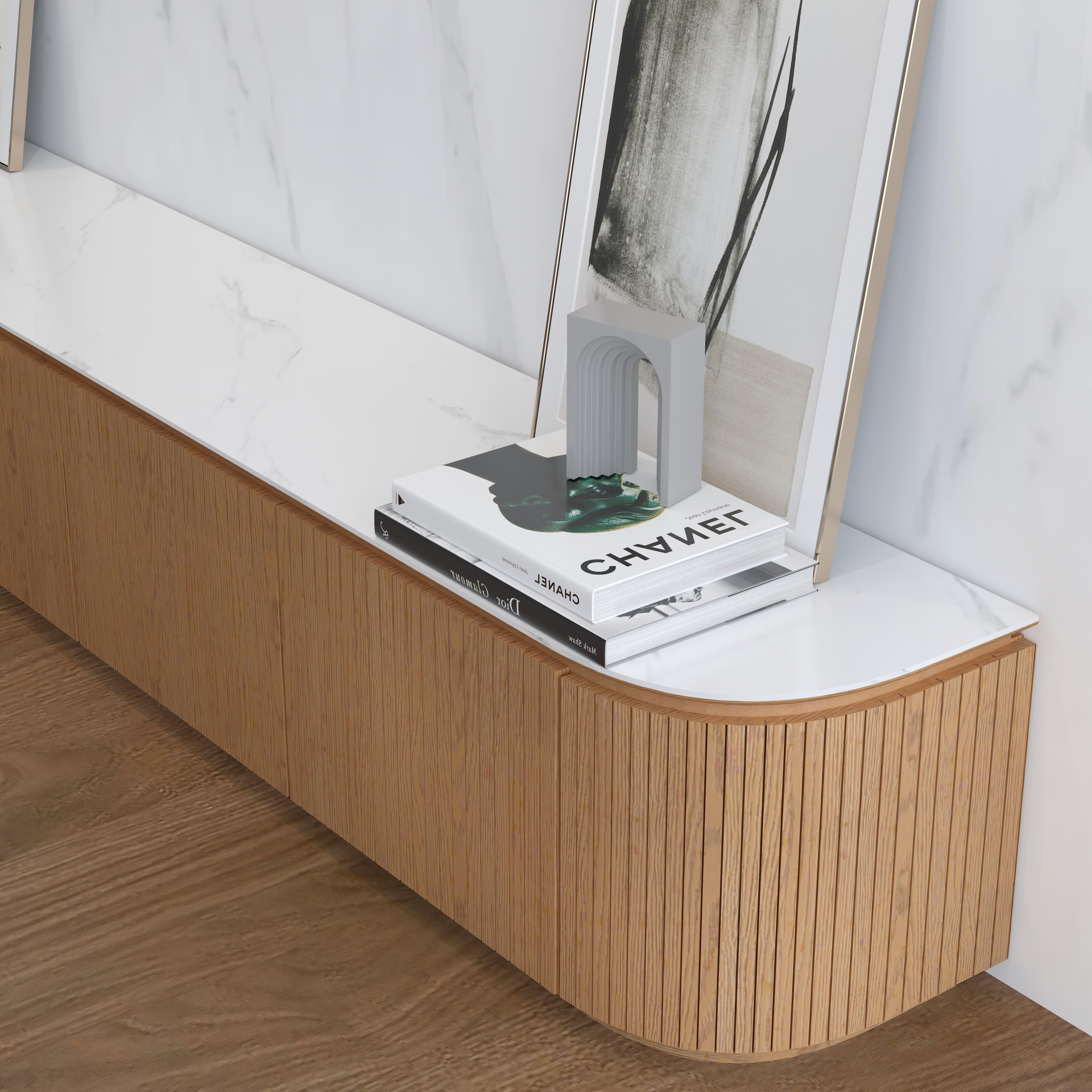 Charles TV Unit with natural oak slatted finish and white sintered stone top,