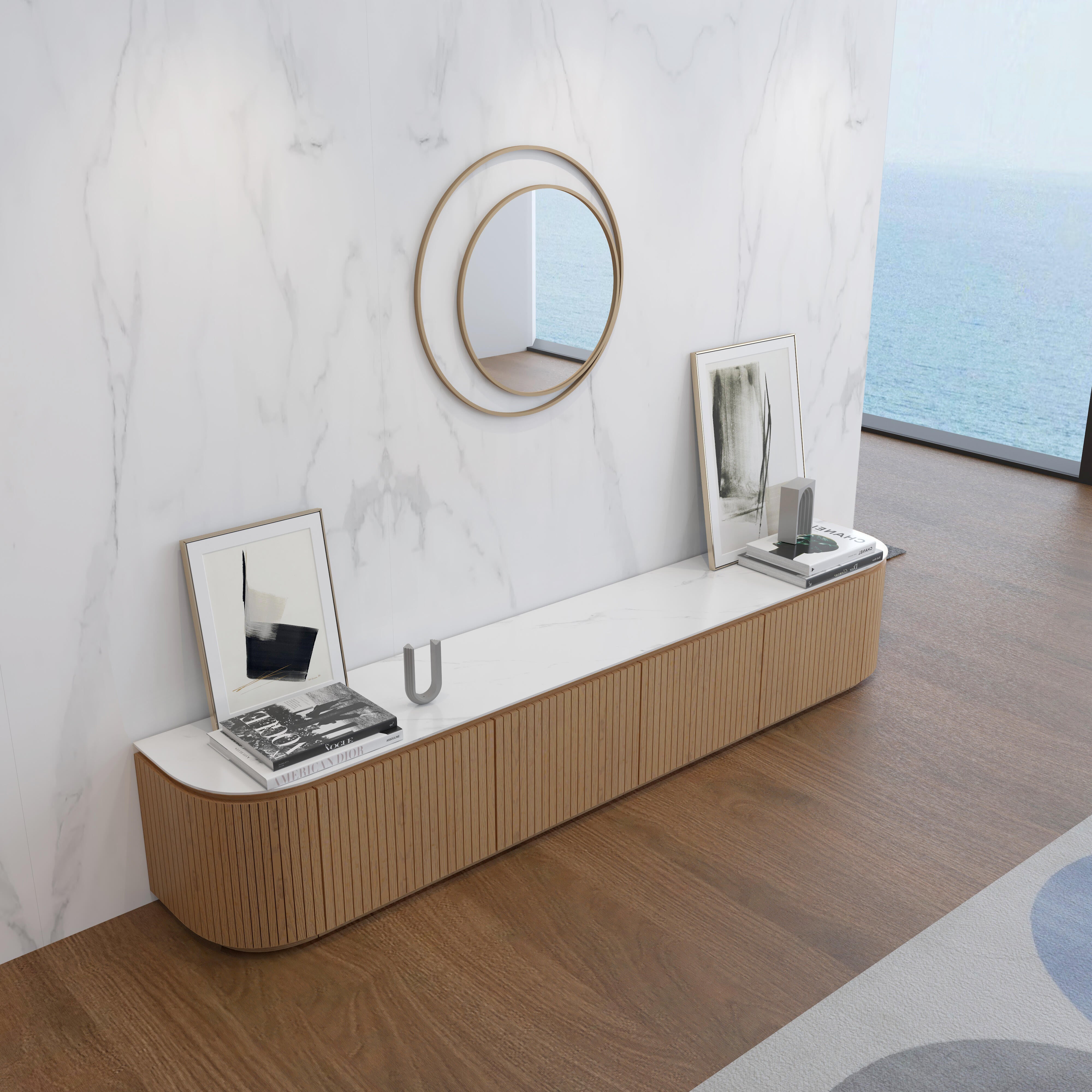 Charles TV Unit with natural oak slatted finish and white sintered stone top,