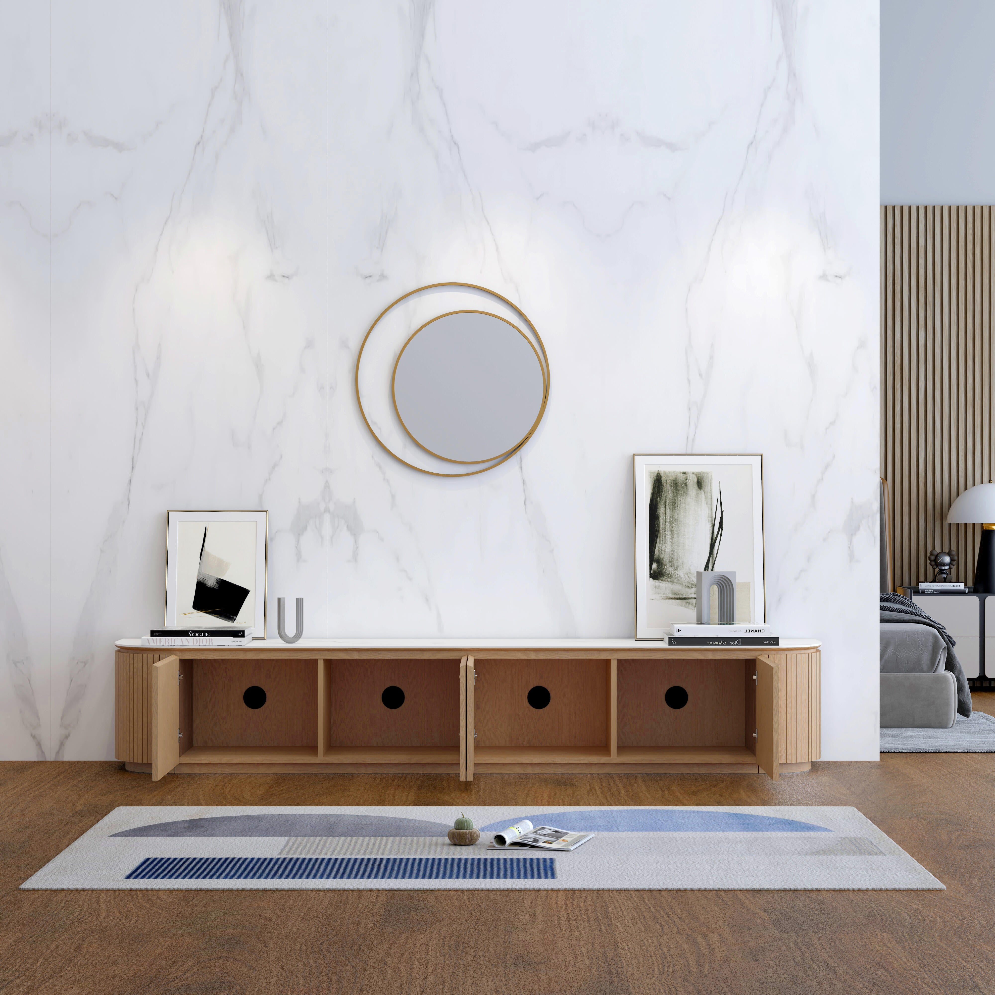 Charles TV Unit with natural oak slatted finish and white sintered stone top,