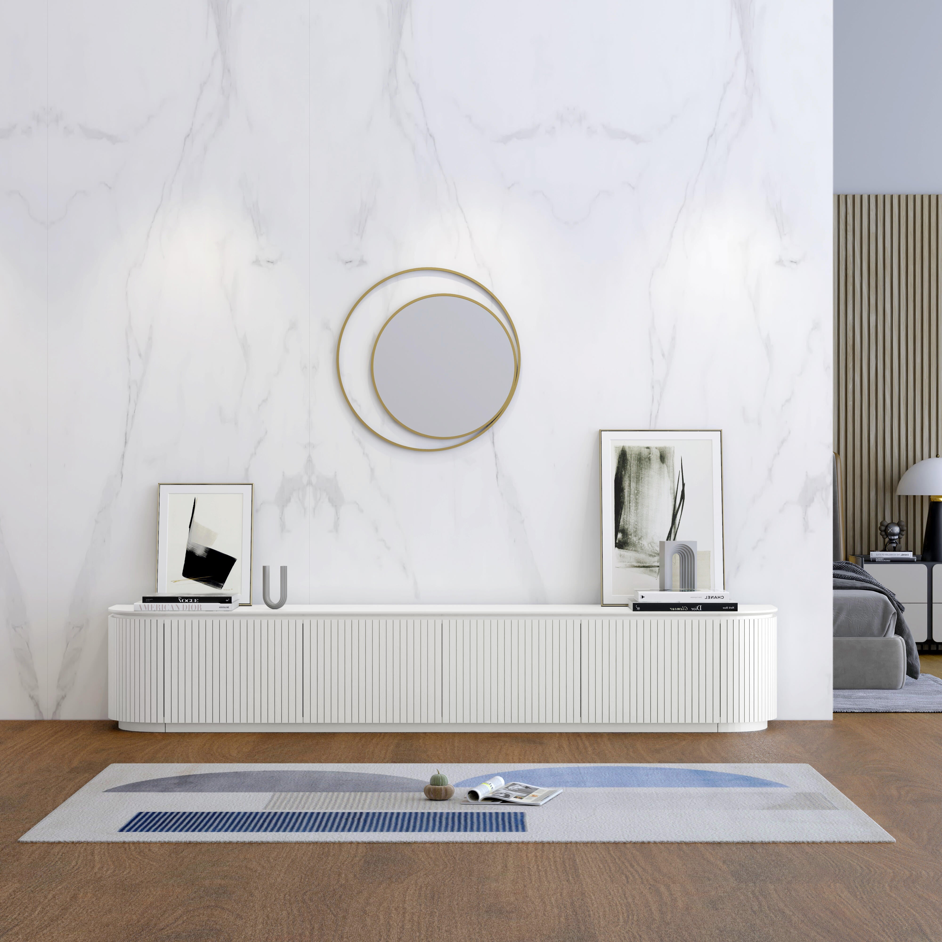 Charles TV Unit in matte white finish with curved edges and slatted door detailing