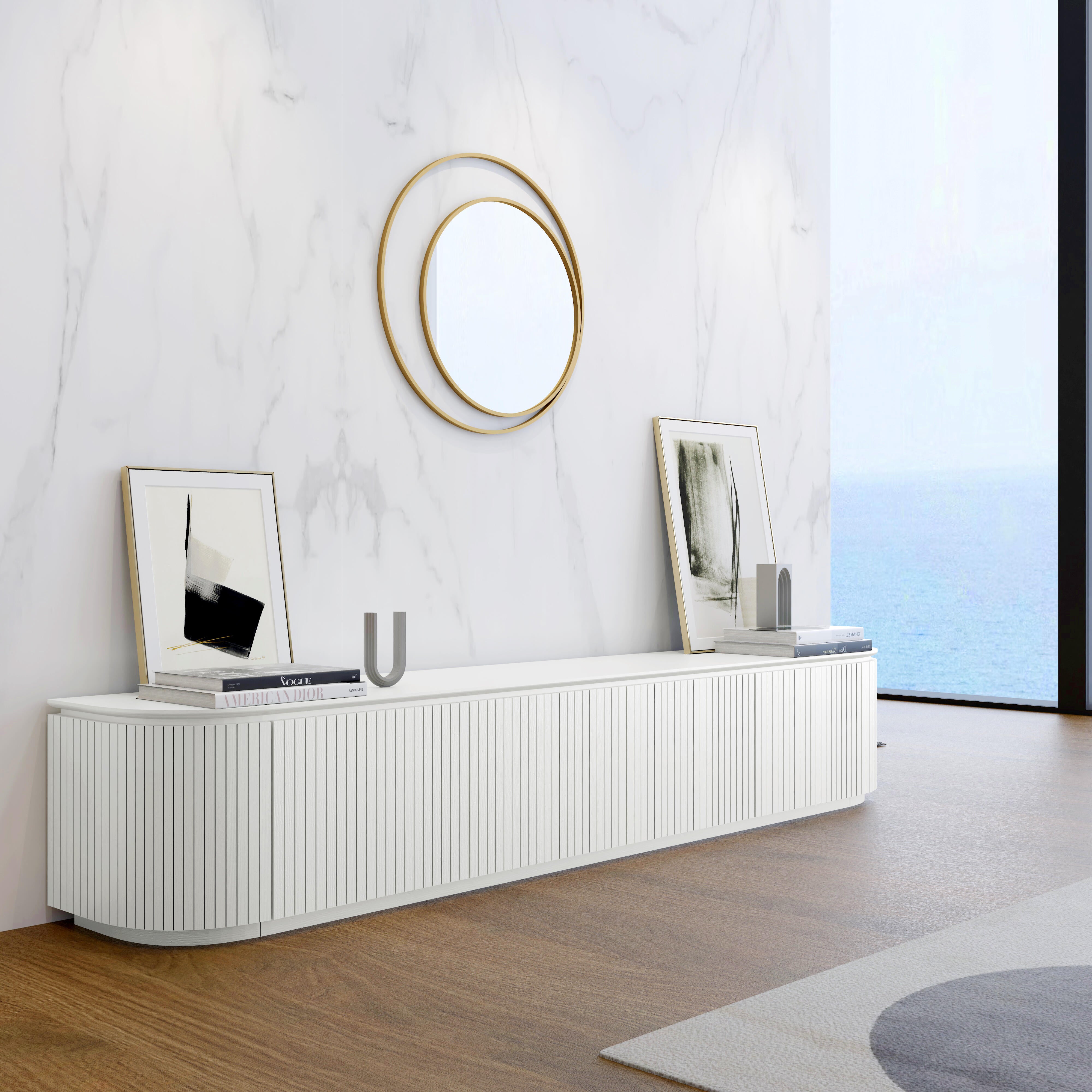 Charles TV Unit in matte white finish with curved edges and slatted door detailing