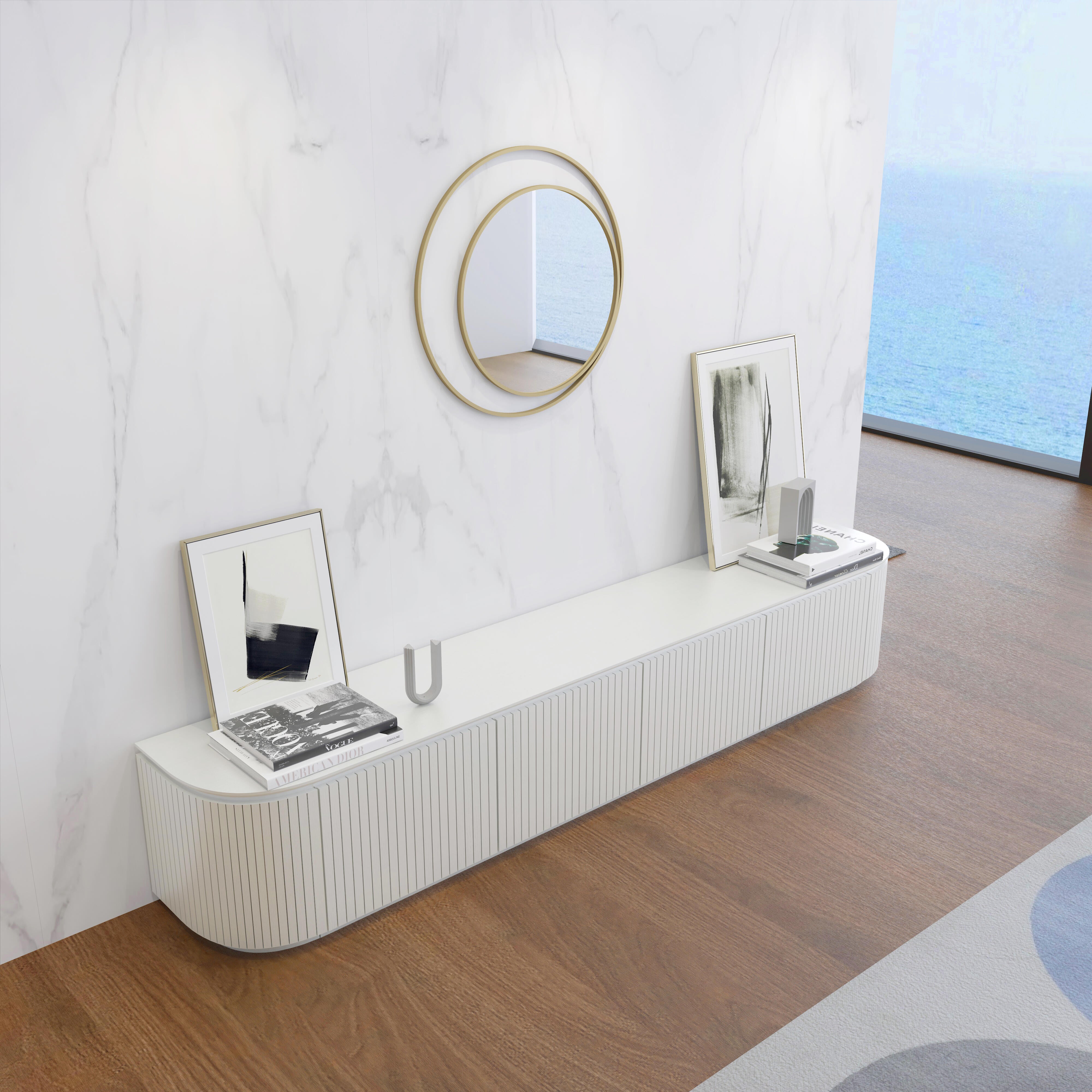 Charles TV Unit in matte white finish with curved edges and slatted door detailing