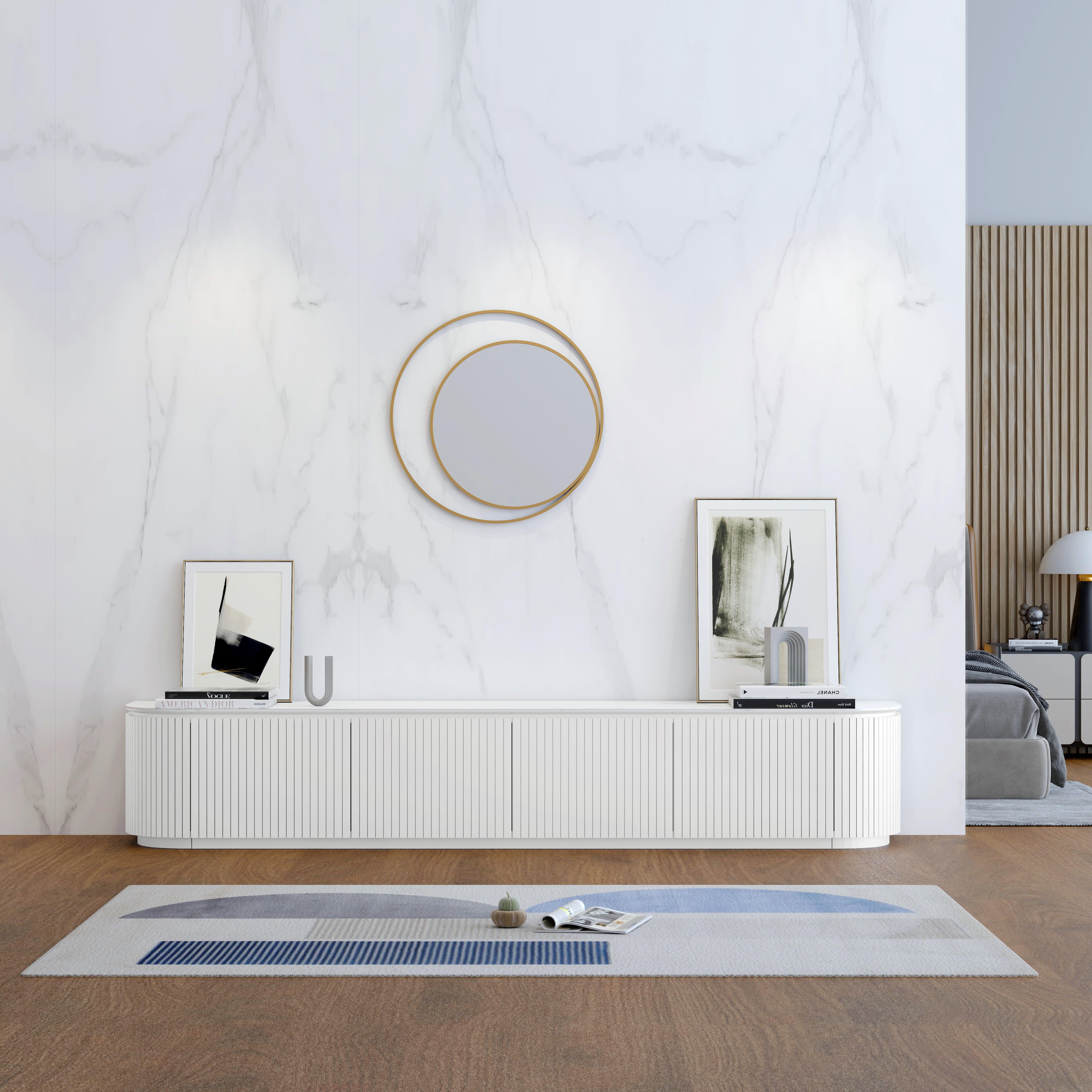 Charles TV Unit in matte white with a white sintered stone top, curved edges and slatted door detailing