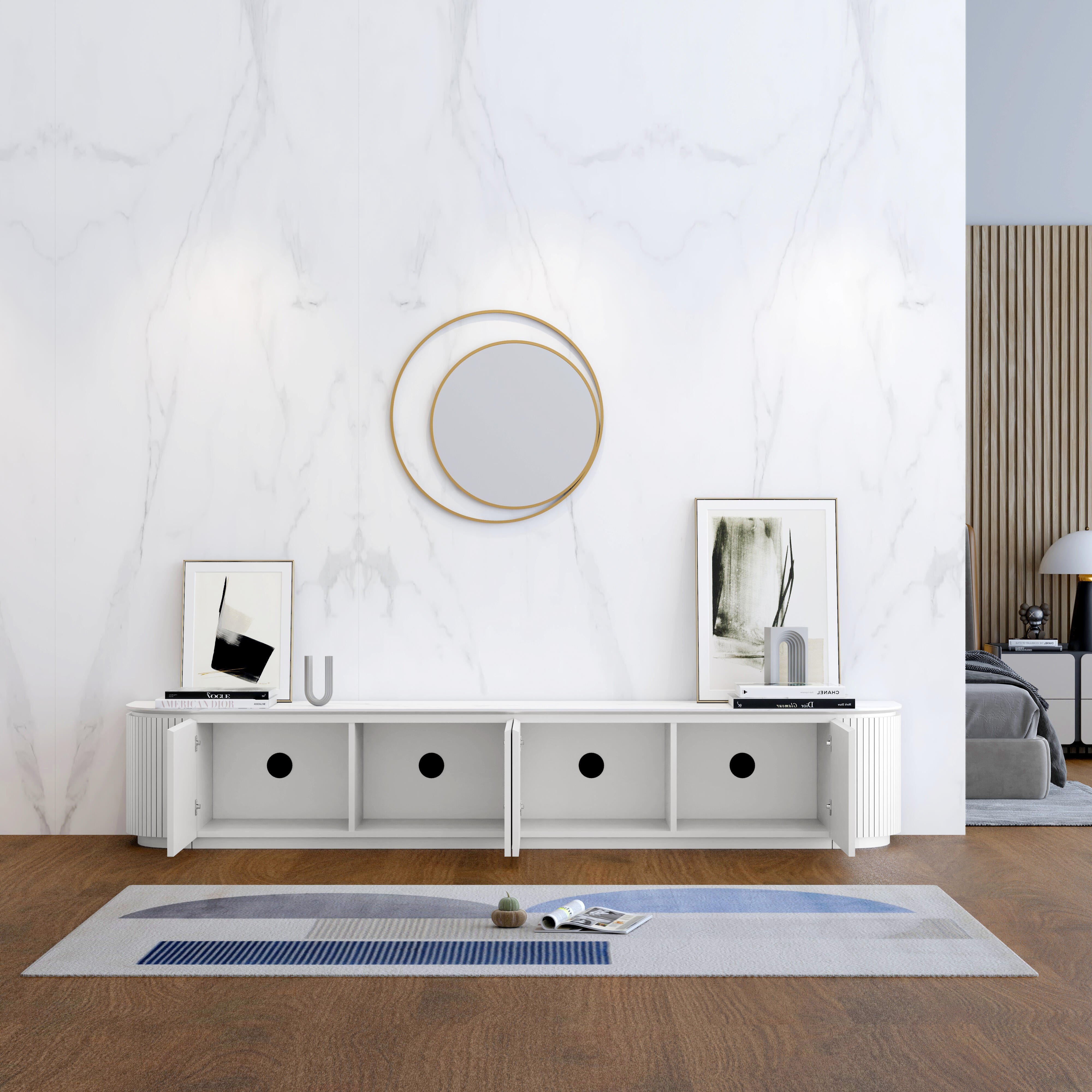 Charles TV Unit in matte white with a white sintered stone top, curved edges and slatted door detailing