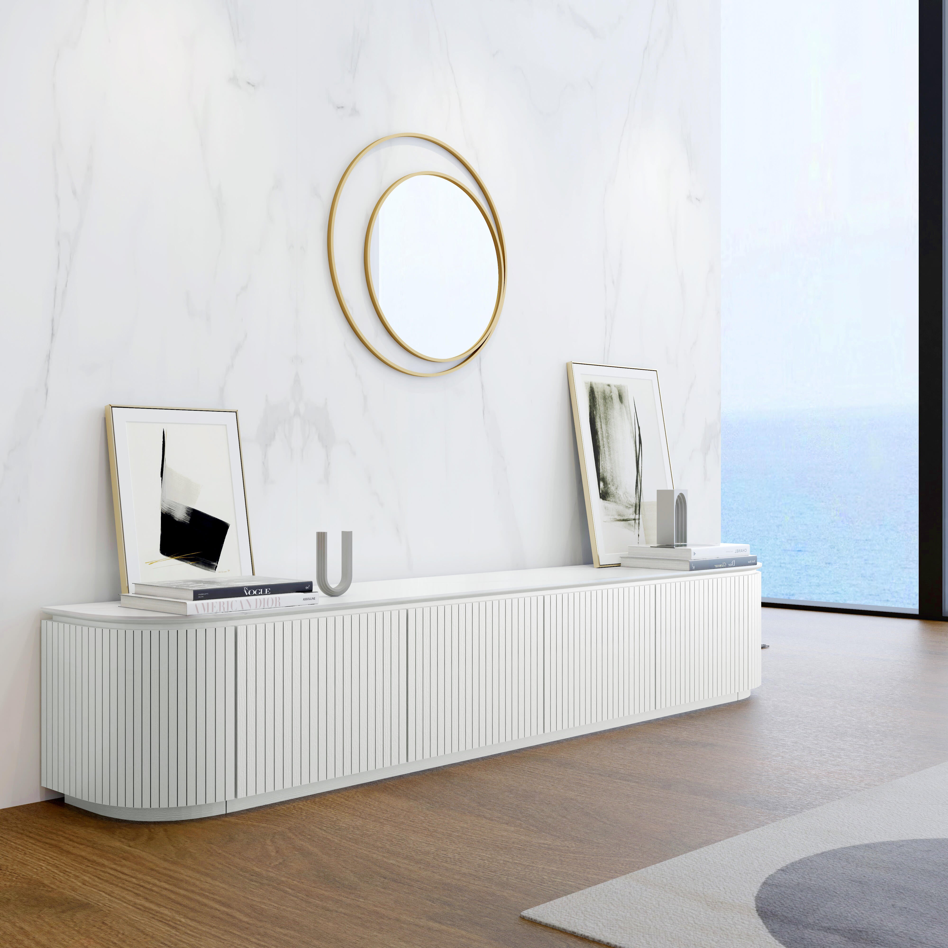 Charles TV Unit in matte white with a white sintered stone top, curved edges and slatted door detailing