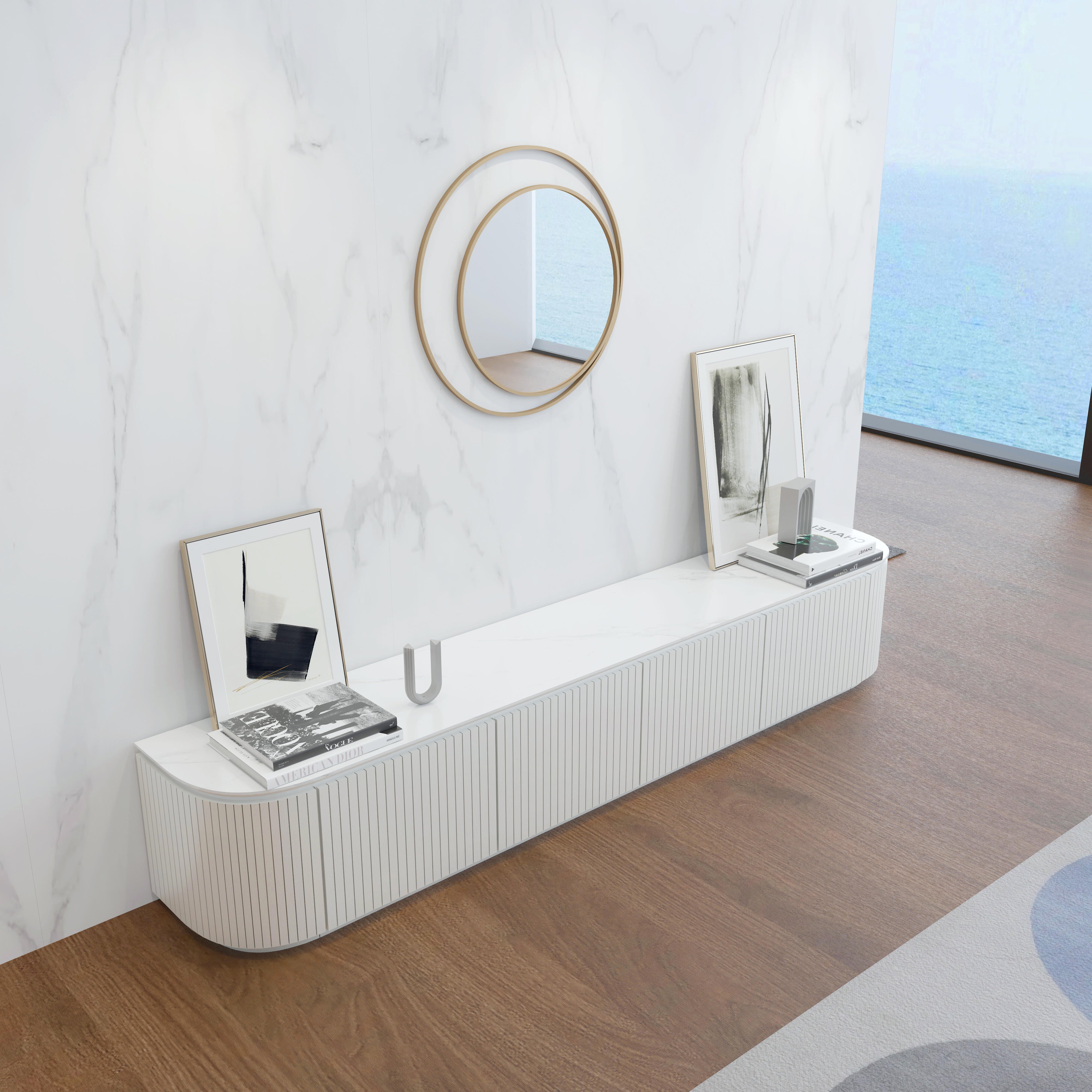 Charles TV Unit in matte white with a white sintered stone top, curved edges and slatted door detailing