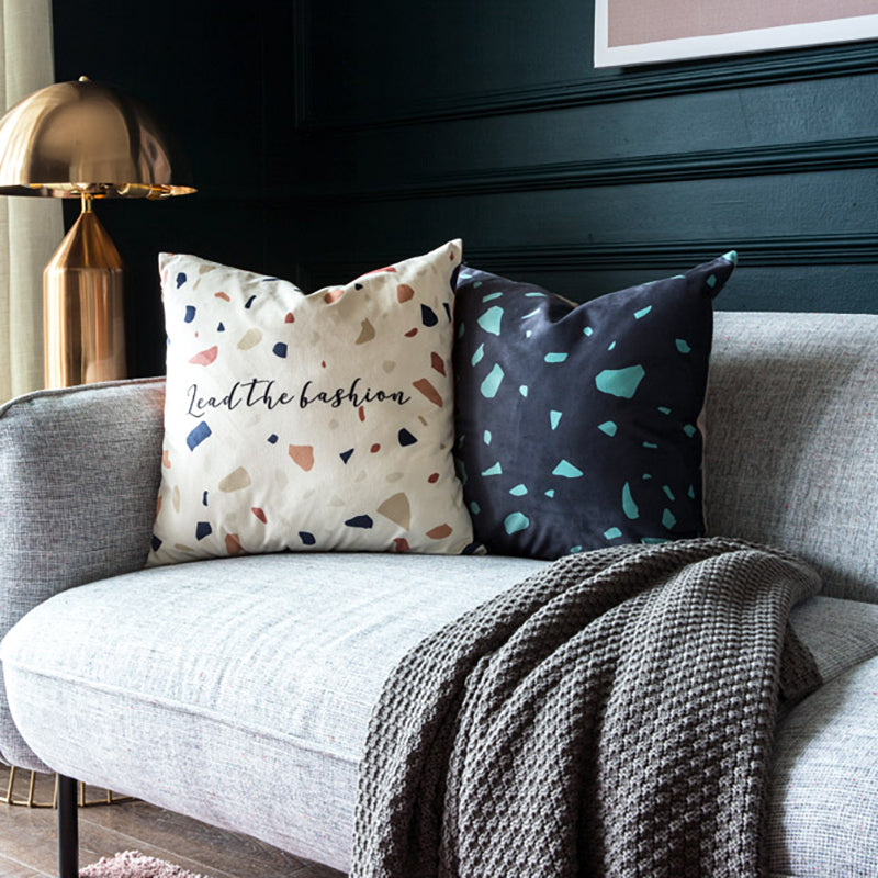 European Blue Dot Printed Marble Velvet Cushion Cover