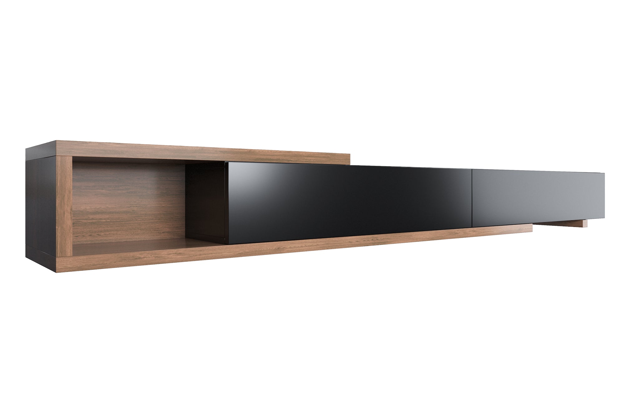 Sleek wooden toned and black entertainment unit