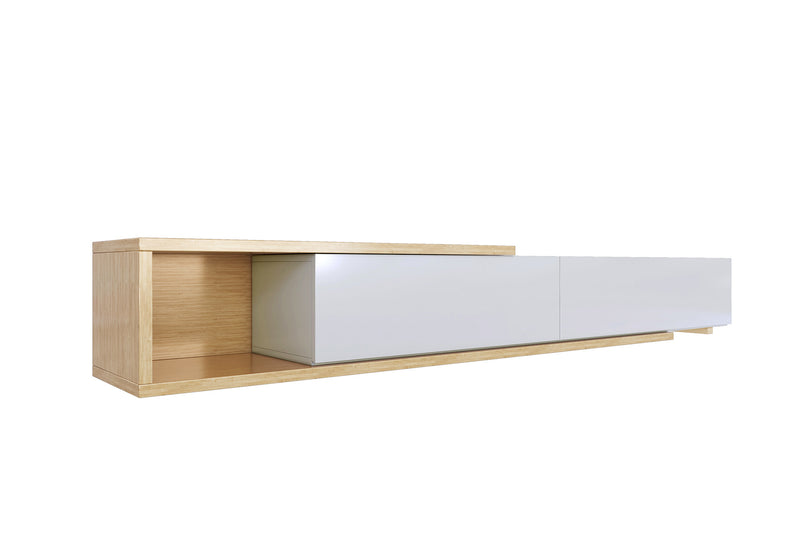 Rich light timber and white entertainment unit