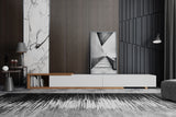 Extendable Sleek wooden toned and white entertainment unit grey carpet