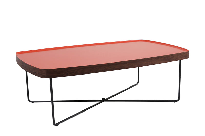 Red table with black metal legs
