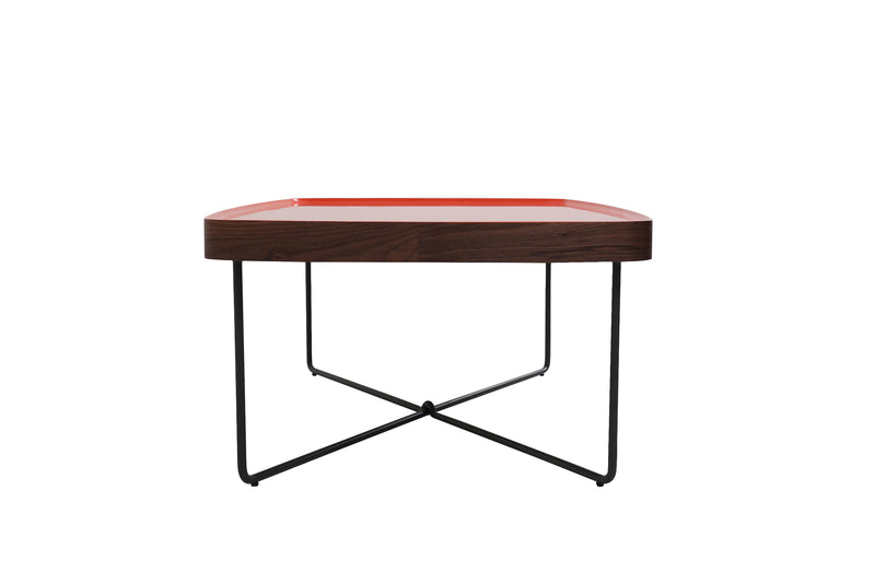 Red table with black metal legs