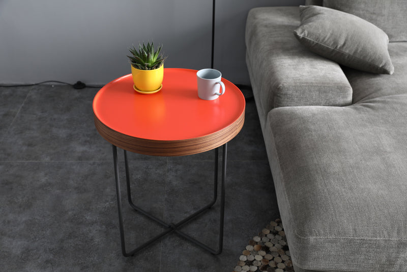 End Table Orange Lacquer coffee mug and plant