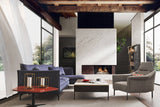 Blue L Shape Sofa and fireplace 