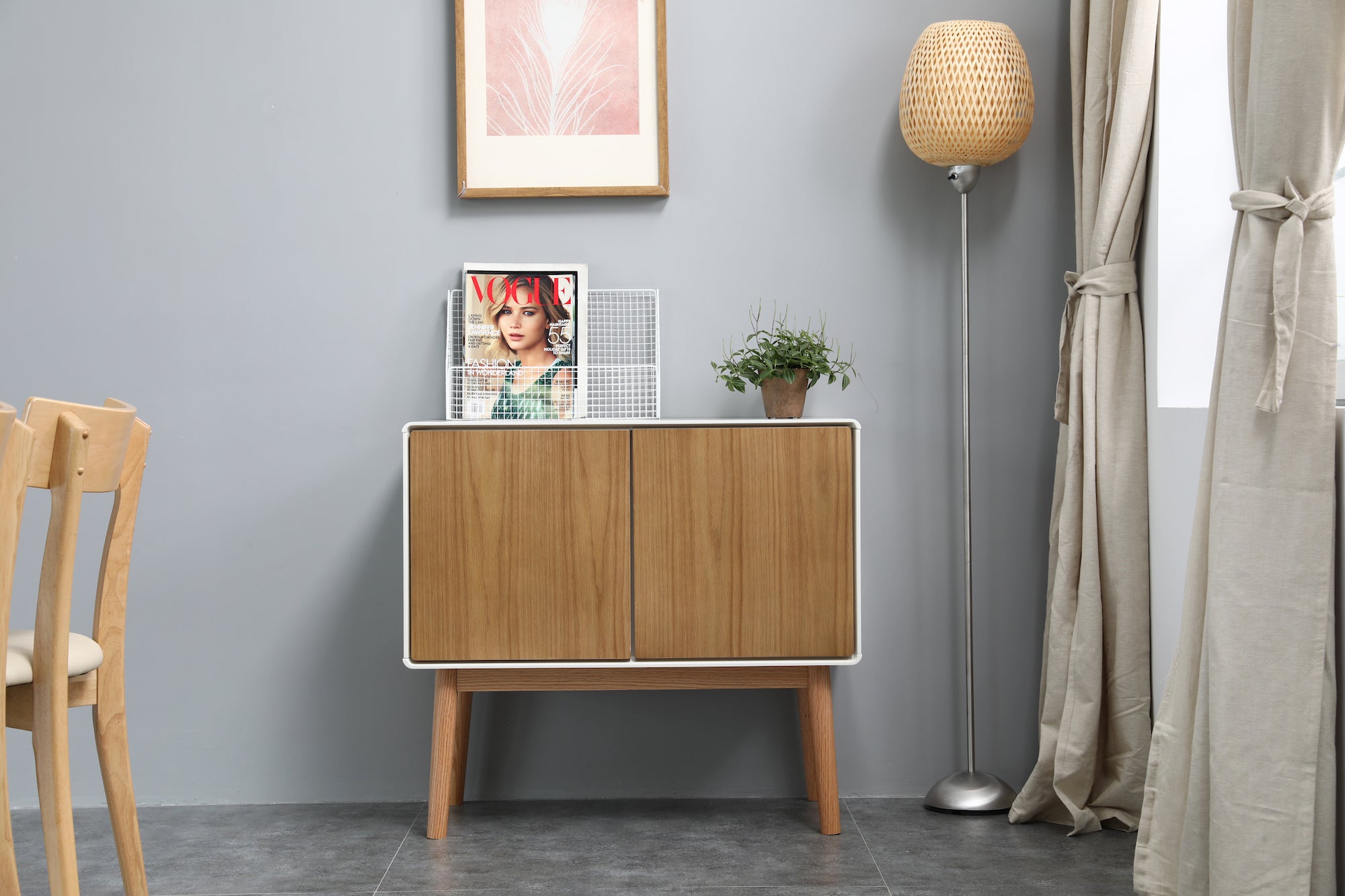 Red oak wood veneer cabinet and lamp