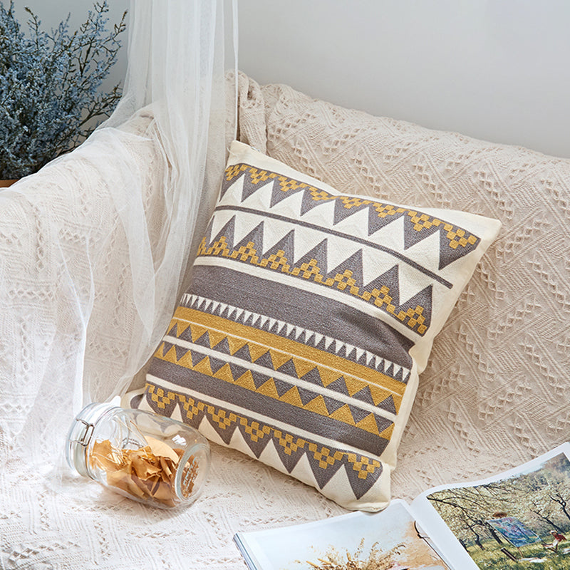 Yellow Geometric Handmade Embroidery Cotton Cushion Cover
